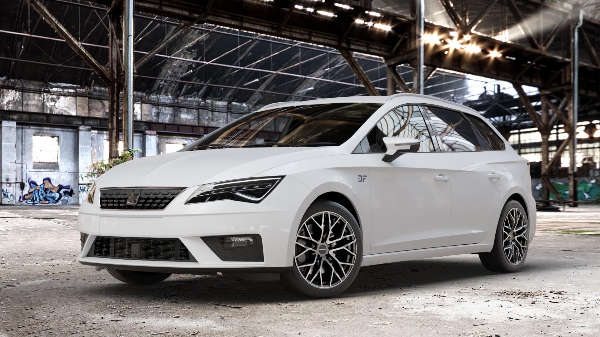 CARMANI 20 Ludwig hyper gun polish Felge mit Reifen silber anthrazit in 17Zoll Winterfelge Alufelge auf weissem Seat Leon Typ 5F ST Facelift ⬇️ mit 15mm Tieferlegung ⬇️ Old Industrial Hall_max_4400mm_2024 Frontansicht_1