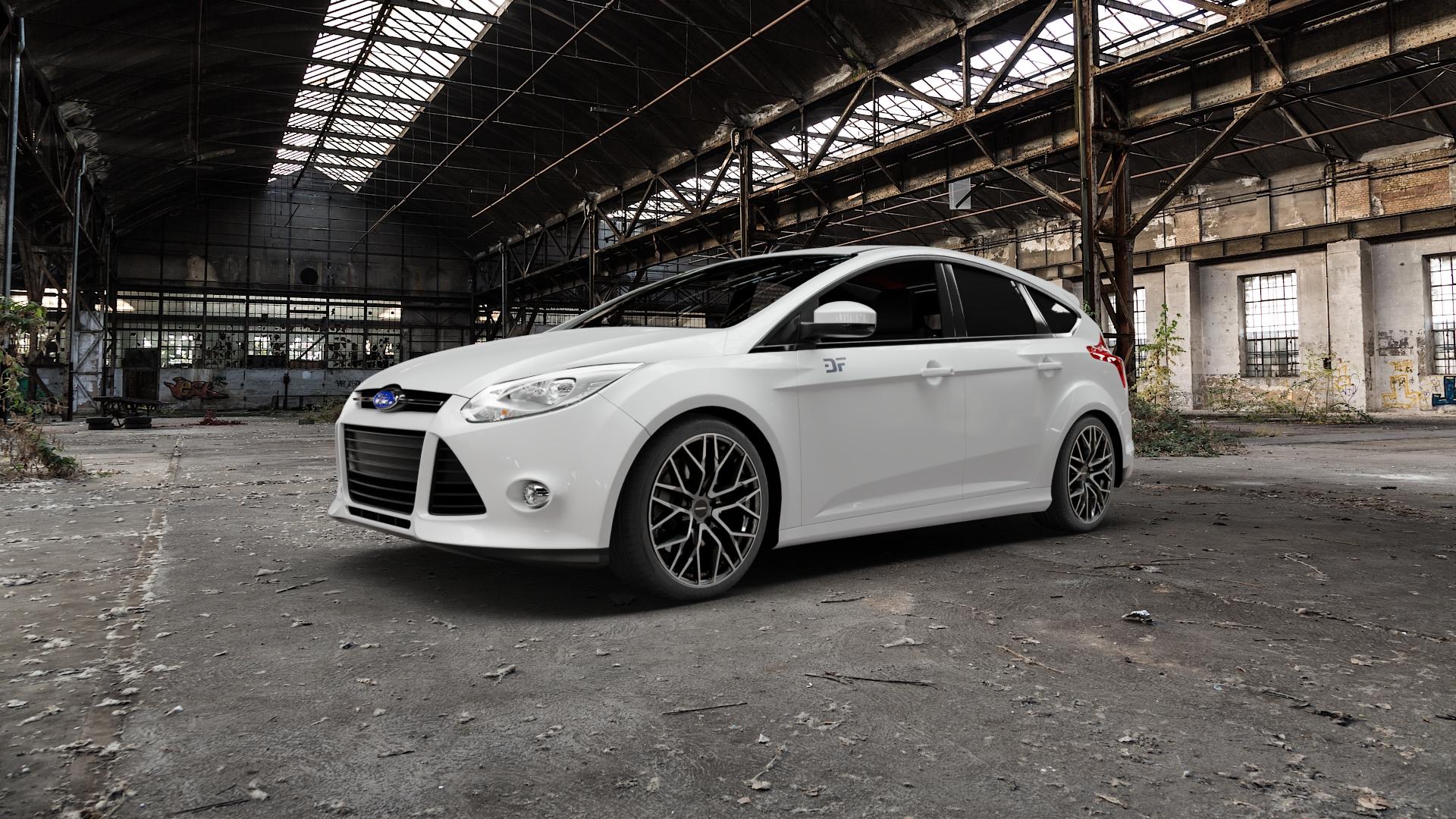 CARMANI 20 Ludwig hyper gun polish Felge mit Reifen silber anthrazit in 18Zoll Winterfelge Alufelge auf weissem Ford Focus III Typ DYB (Schrägheck) (Stufenheck) Facelift ⬇️ mit 15mm Tieferlegung ⬇️ Old Industrial Hall_max5000mm_2022 Frontansicht_1