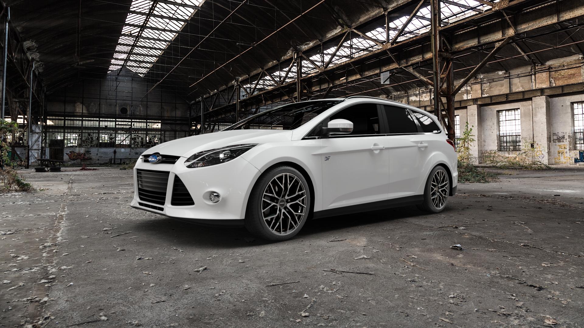 CARMANI 20 Ludwig hyper gun polish Felge mit Reifen silber anthrazit in 18Zoll Winterfelge Alufelge auf weissem Ford Focus III Typ DYB (Turnier) ⬇️ mit 15mm Tieferlegung ⬇️ Old Industrial Hall_max5000mm_2022 Frontansicht_1