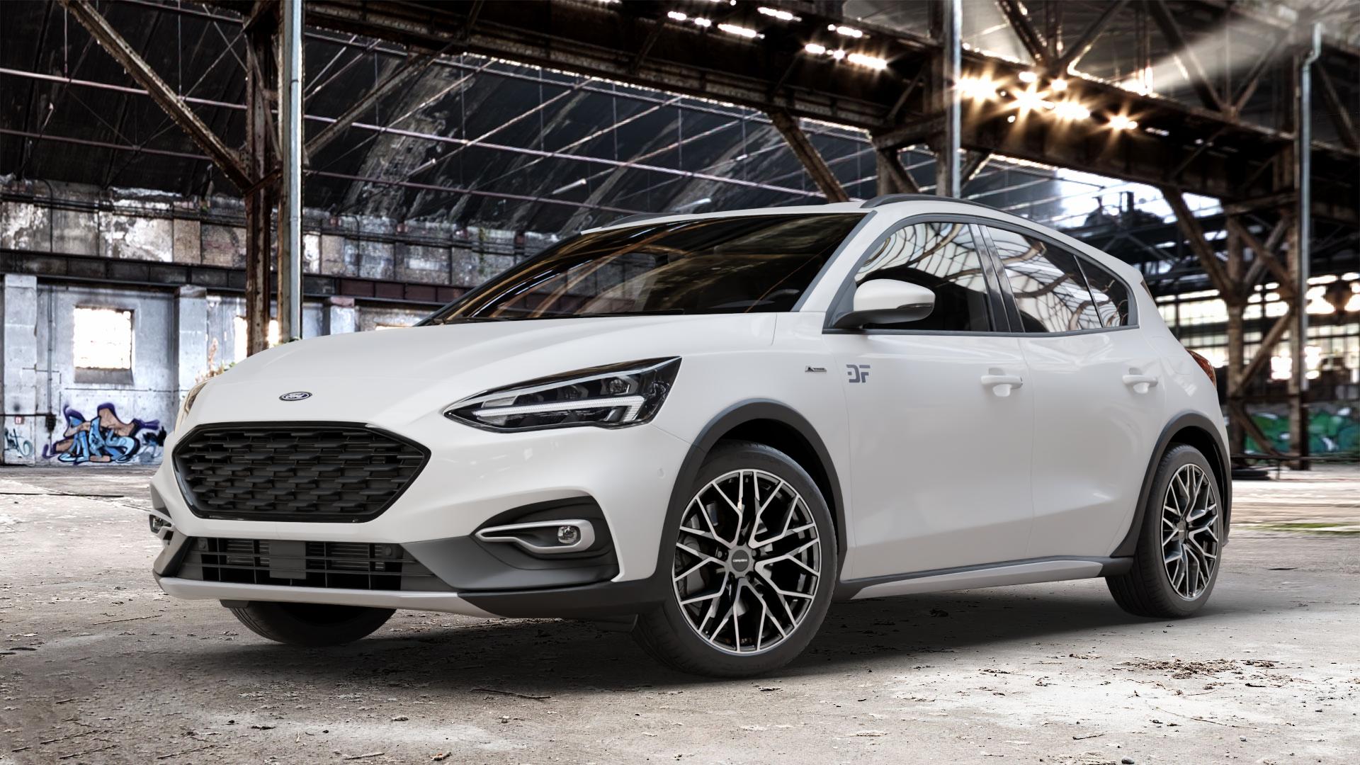 CARMANI 20 Ludwig hyper gun polish Felge mit Reifen silber anthrazit in 18Zoll Winterfelge Alufelge auf weissem Ford Focus IV Active Typ DEH (Schrägheck) ⬇️ mit 15mm Tieferlegung ⬇️ Old Industrial Hall_max_4400mm_2024 Frontansicht_1