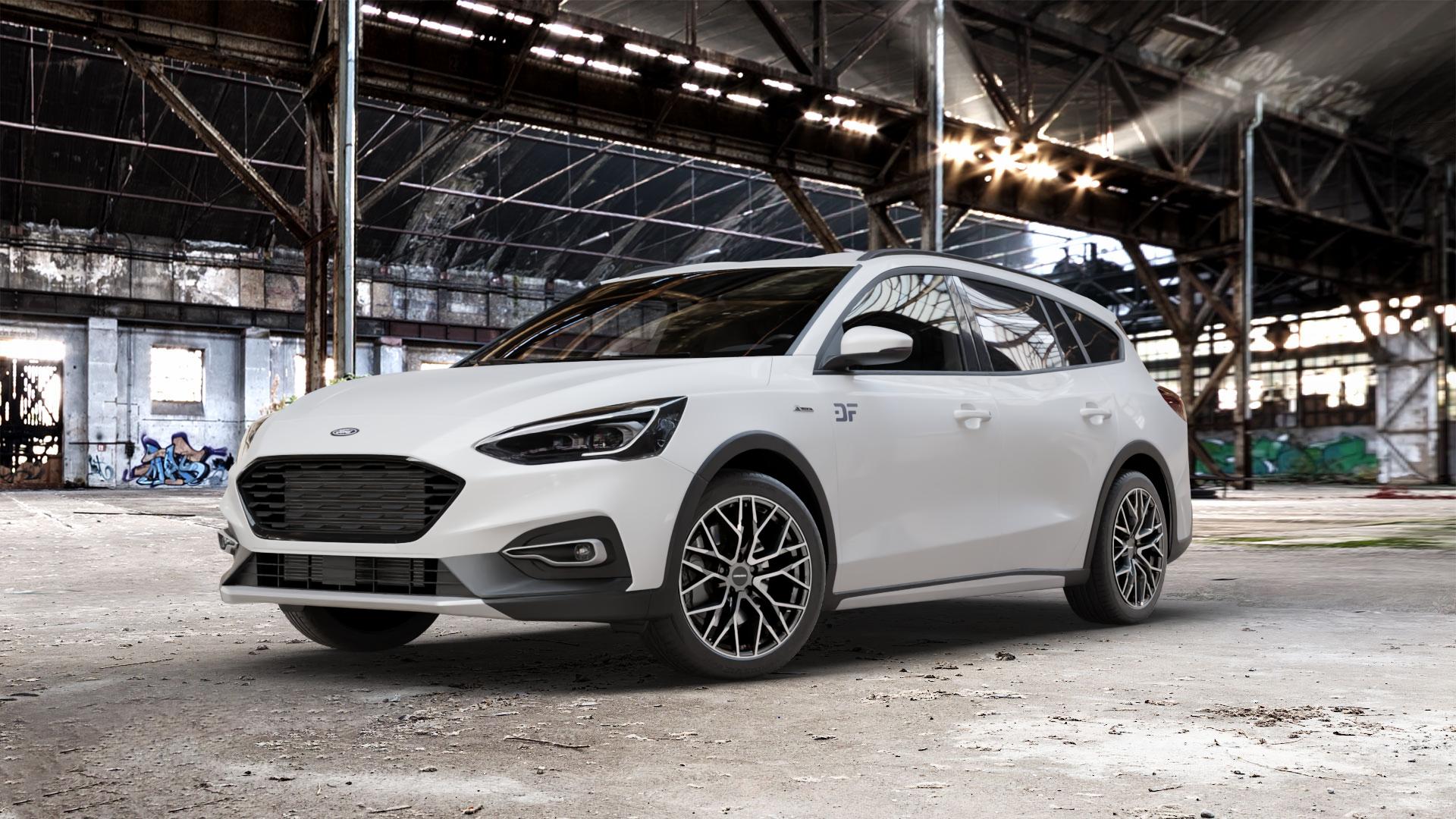 CARMANI 20 Ludwig hyper gun polish Felge mit Reifen silber anthrazit in 18Zoll Winterfelge Alufelge auf weissem Ford Focus IV Active Typ DEH (Turnier) ⬇️ mit 15mm Tieferlegung ⬇️ Old Industrial Hall_max_5300mm_2024 Frontansicht_1
