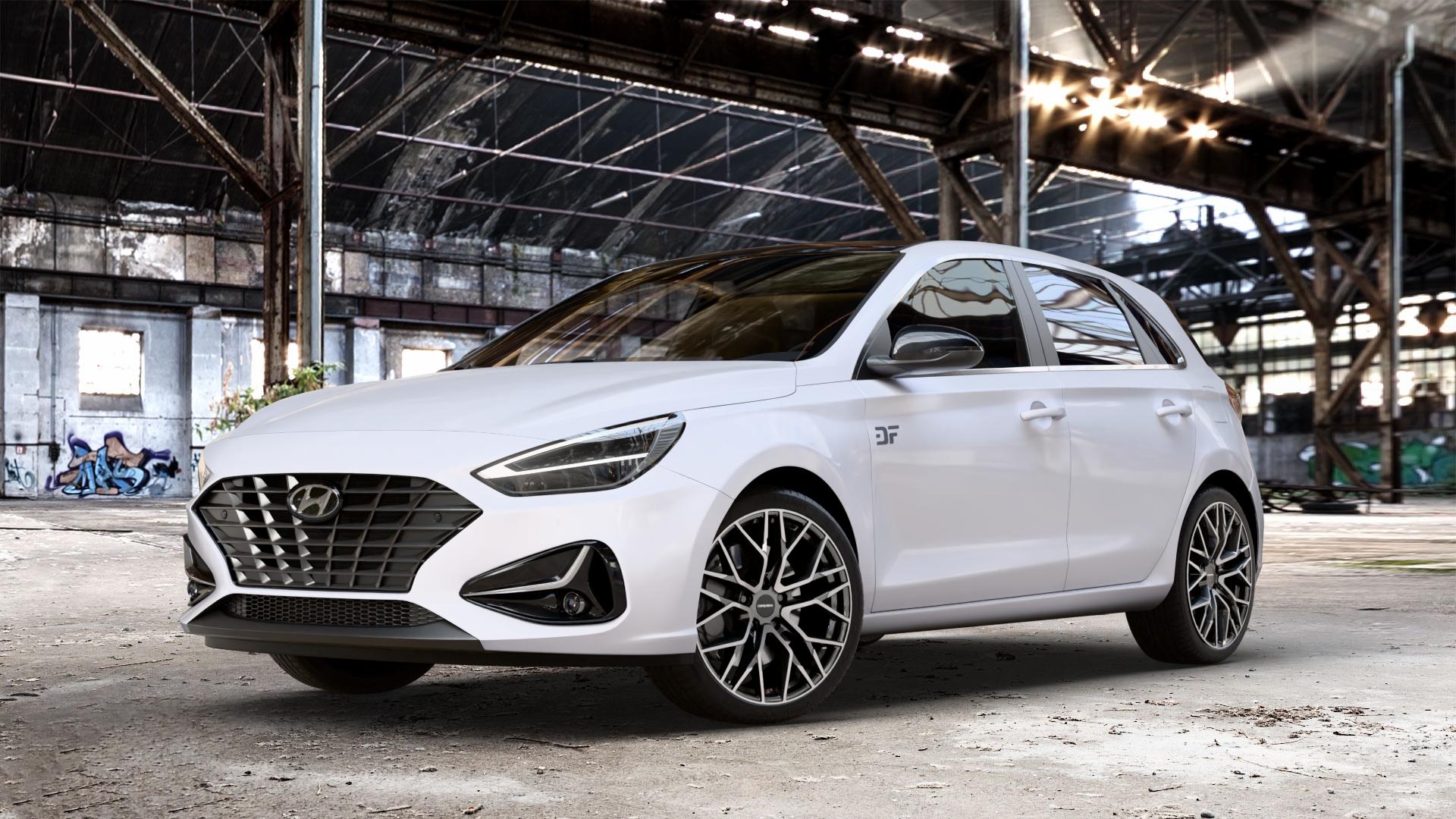 CARMANI 20 Ludwig hyper gun polish Felge mit Reifen silber anthrazit in 18Zoll Winterfelge Alufelge auf weissem Hyundai i30 Typ PDE Facelift 1,0l T-GDI 88kW Mild-Hybrid (120 PS) 1,5l 117kW (159 81kW (110 1,6l CRDi 85kW (116 100kW (136 II ⬇️ mit 15mm Tieferlegung ⬇️ Old Industrial Hall_max_4400mm_2024 Frontansicht_1
