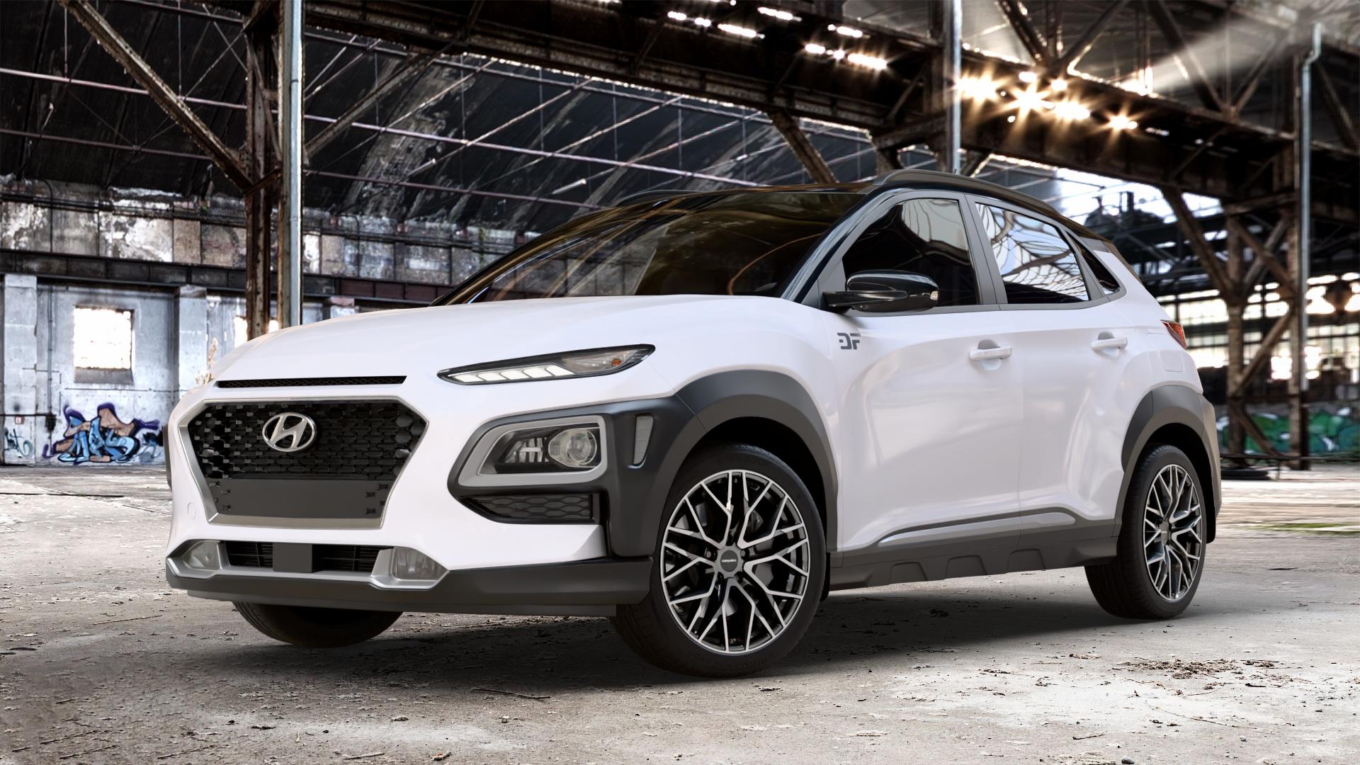 CARMANI 20 Ludwig hyper gun polish Felge mit Reifen silber anthrazit in 18Zoll Winterfelge Alufelge auf weissem Hyundai Kona Typ OS ⬇️ mit 15mm Tieferlegung ⬇️ Old Industrial Hall_max_4400mm_2024 Frontansicht_1