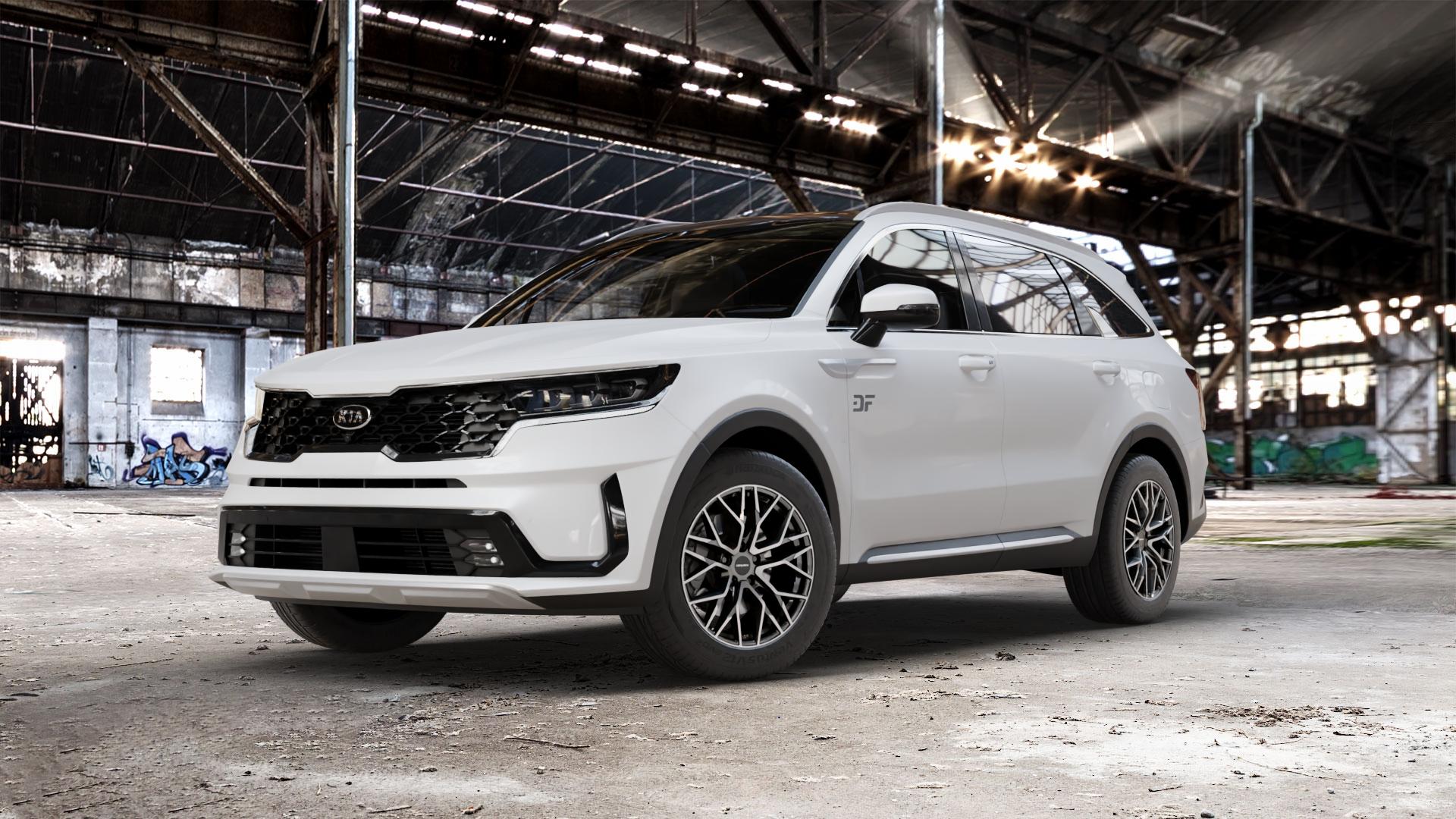 CARMANI 20 Ludwig hyper gun polish Felge mit Reifen silber anthrazit in 18Zoll Winterfelge Alufelge auf weissem Kia Sorento IV Typ MQ4 ⬇️ mit 15mm Tieferlegung ⬇️ Old Industrial Hall_max_5300mm_2024 Frontansicht_1