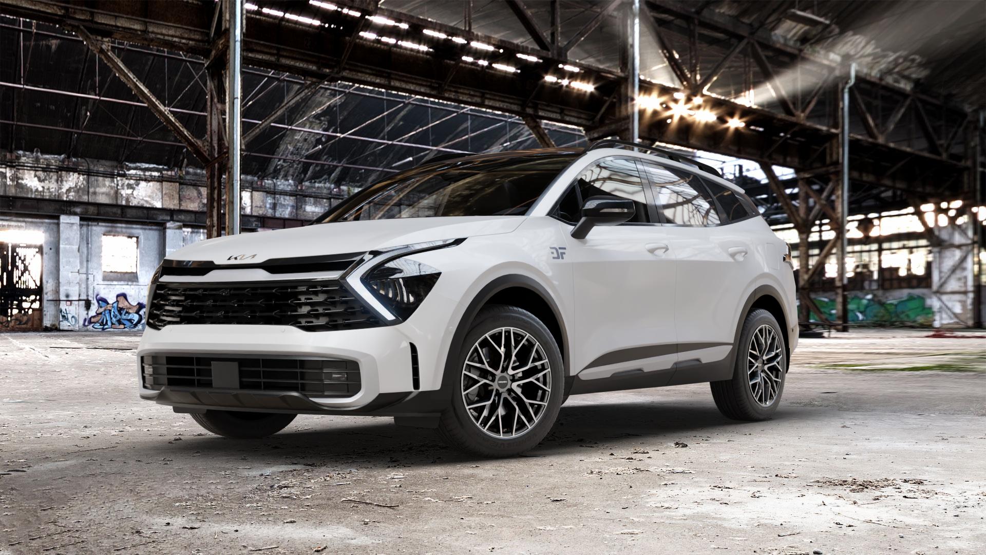CARMANI 20 Ludwig hyper gun polish Felge mit Reifen silber anthrazit in 18Zoll Winterfelge Alufelge auf weissem Kia Sportage V Typ NQ5e ⬇️ mit 15mm Tieferlegung ⬇️ Old Industrial Hall_max_5300mm_2024 Frontansicht_1