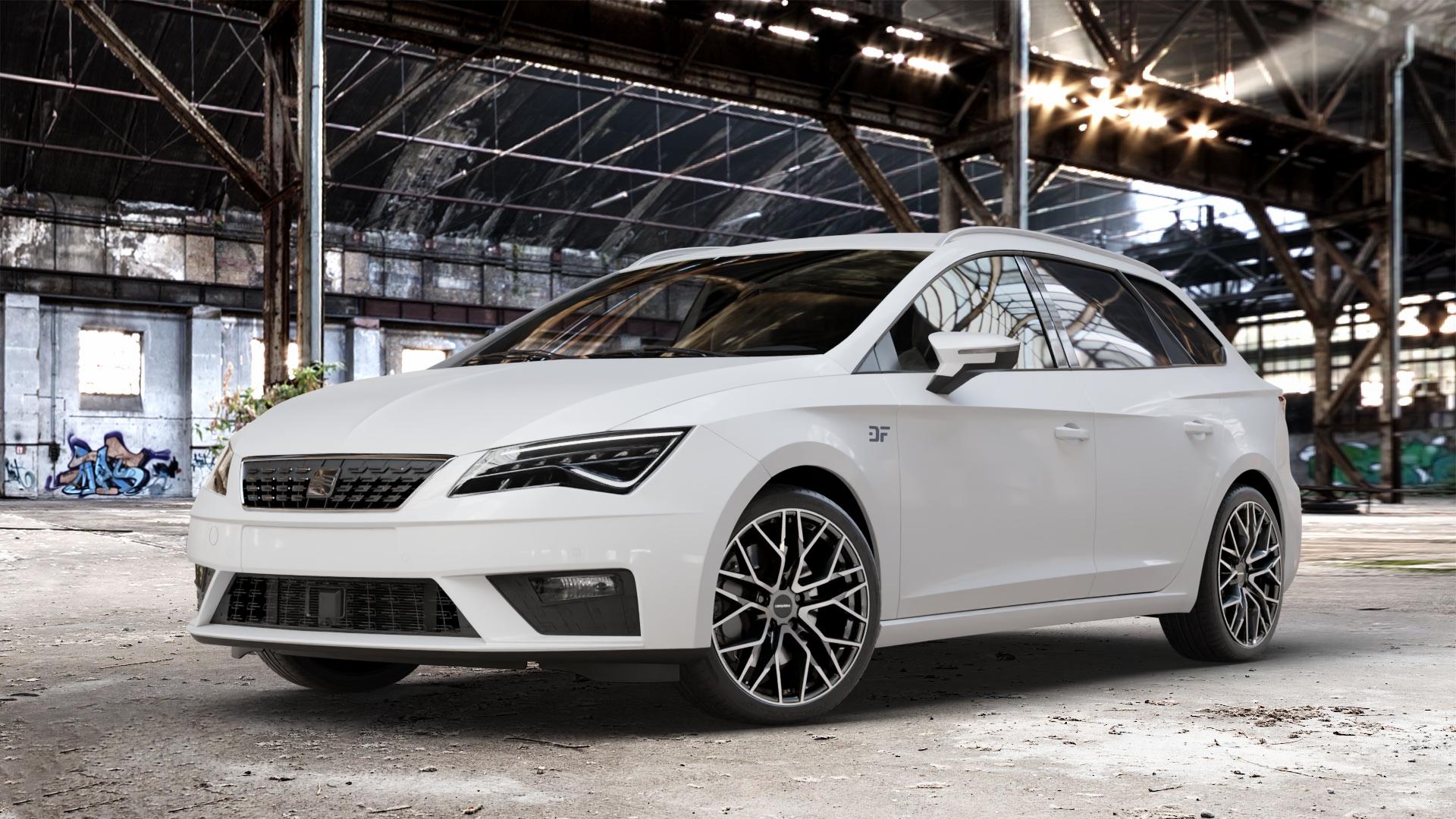CARMANI 20 Ludwig hyper gun polish Felge mit Reifen silber anthrazit in 18Zoll Winterfelge Alufelge auf weissem Seat Leon Typ 5F ST Facelift ⬇️ mit 15mm Tieferlegung ⬇️ Old Industrial Hall_max_4400mm_2024 Frontansicht_1