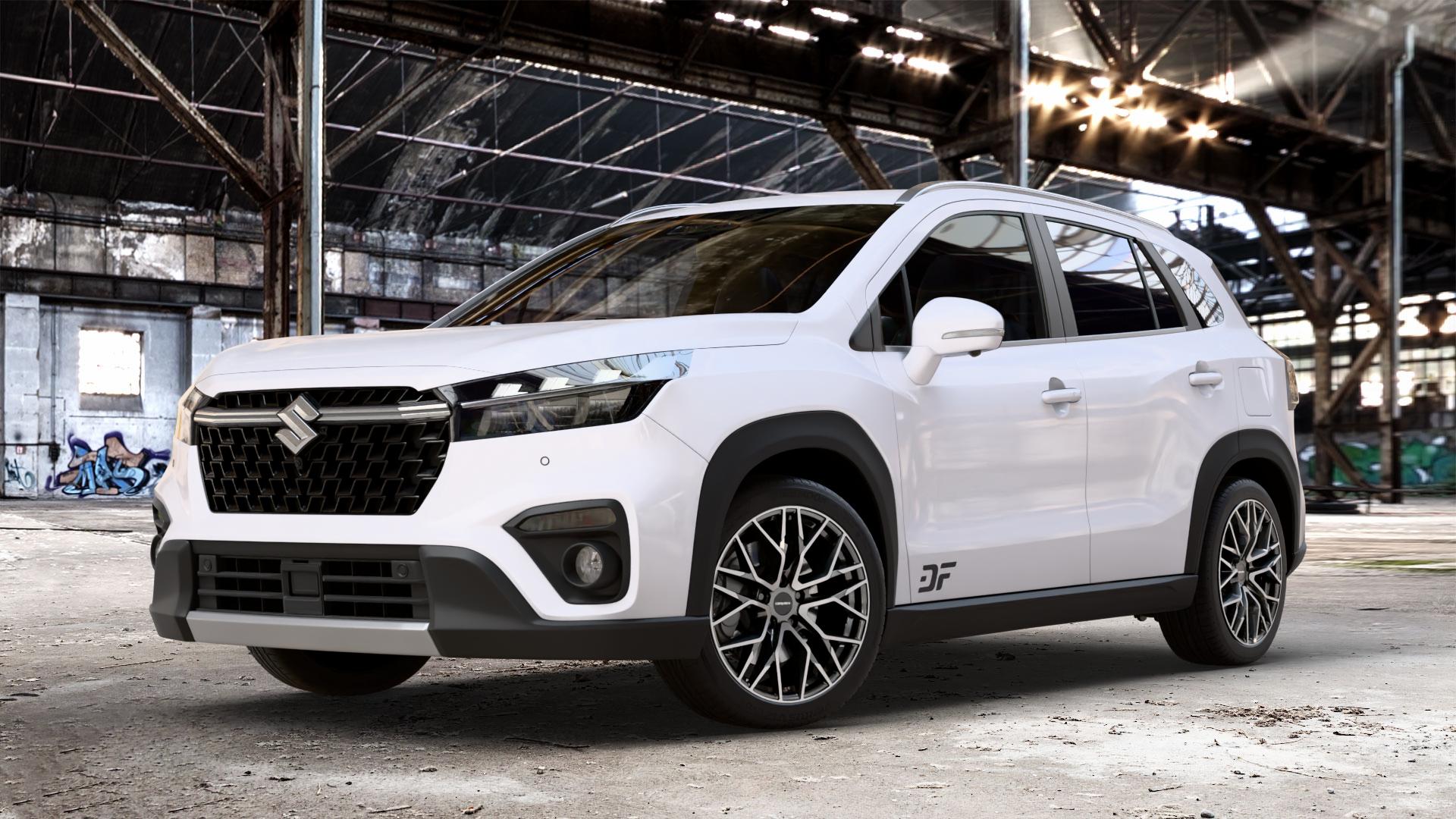 CARMANI 20 Ludwig hyper gun polish Felge mit Reifen silber anthrazit in 18Zoll Winterfelge Alufelge auf weissem Suzuki S-Cross Typ JY 1,4l Boosterjet 95kW Mild-Hybrid (129 PS) 4x4 1,5l Dualjet 75kW (102 ⬇️ mit 15mm Tieferlegung ⬇️ Old Industrial Hall_max_4400mm_2024 Frontansicht_1