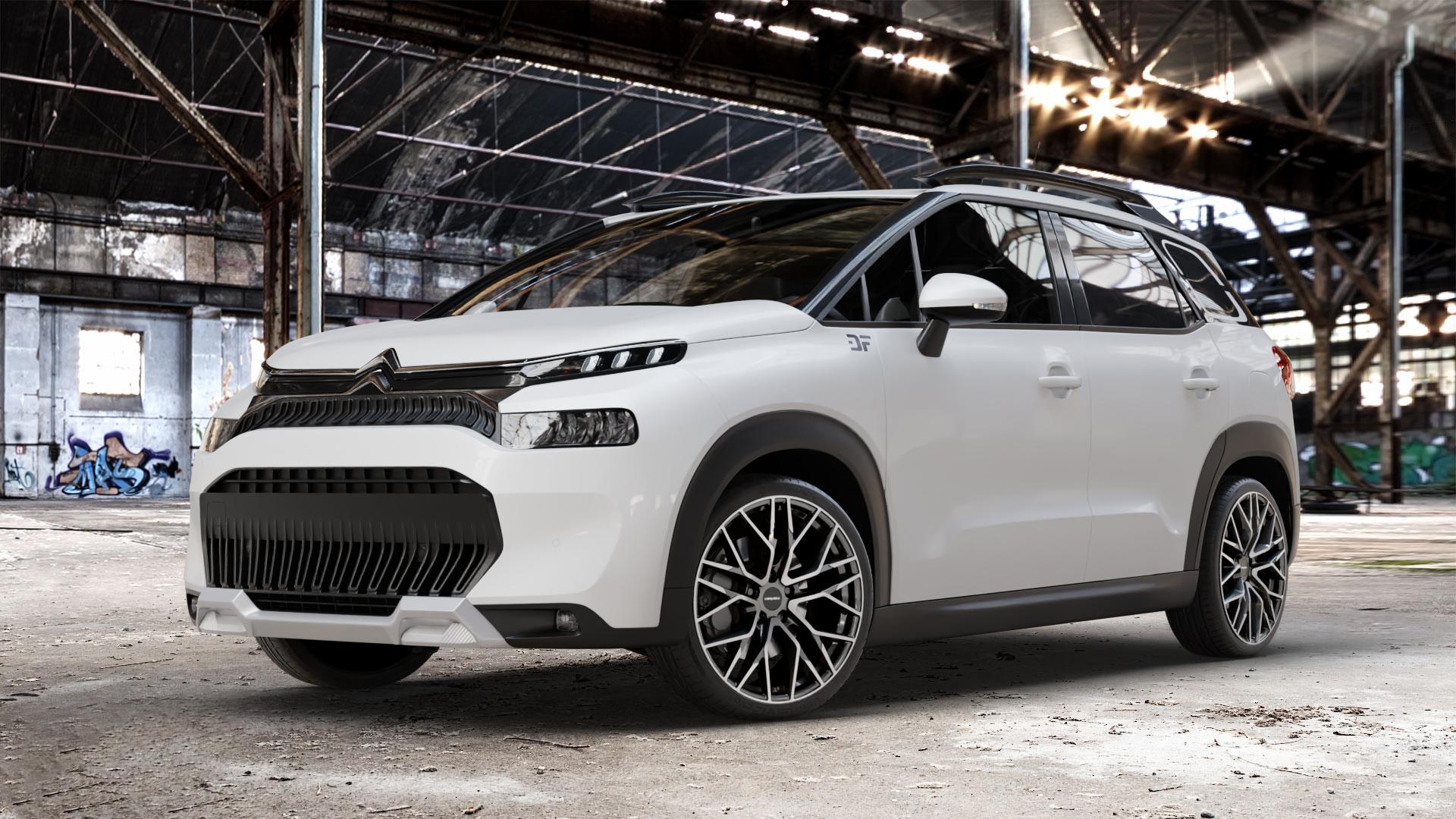 CARMANI 20 Ludwig hyper gun polish Felge mit Reifen silber anthrazit in 19Zoll Winterfelge Alufelge auf weissem Citroen C3 Aircross Typ 2 Facelift ⬇️ mit 15mm Tieferlegung ⬇️ Old Industrial Hall_max_4400mm_2024 Frontansicht_1