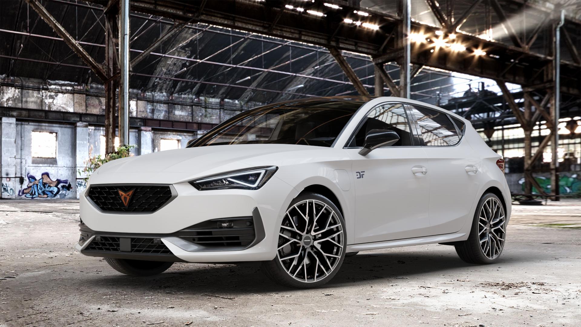 CARMANI 20 Ludwig hyper gun polish Felge mit Reifen silber anthrazit in 19Zoll Winterfelge Alufelge auf weissem Cupra Leon Typ KL ⬇️ mit 15mm Tieferlegung ⬇️ Old Industrial Hall_max_4400mm_2024 Frontansicht_1