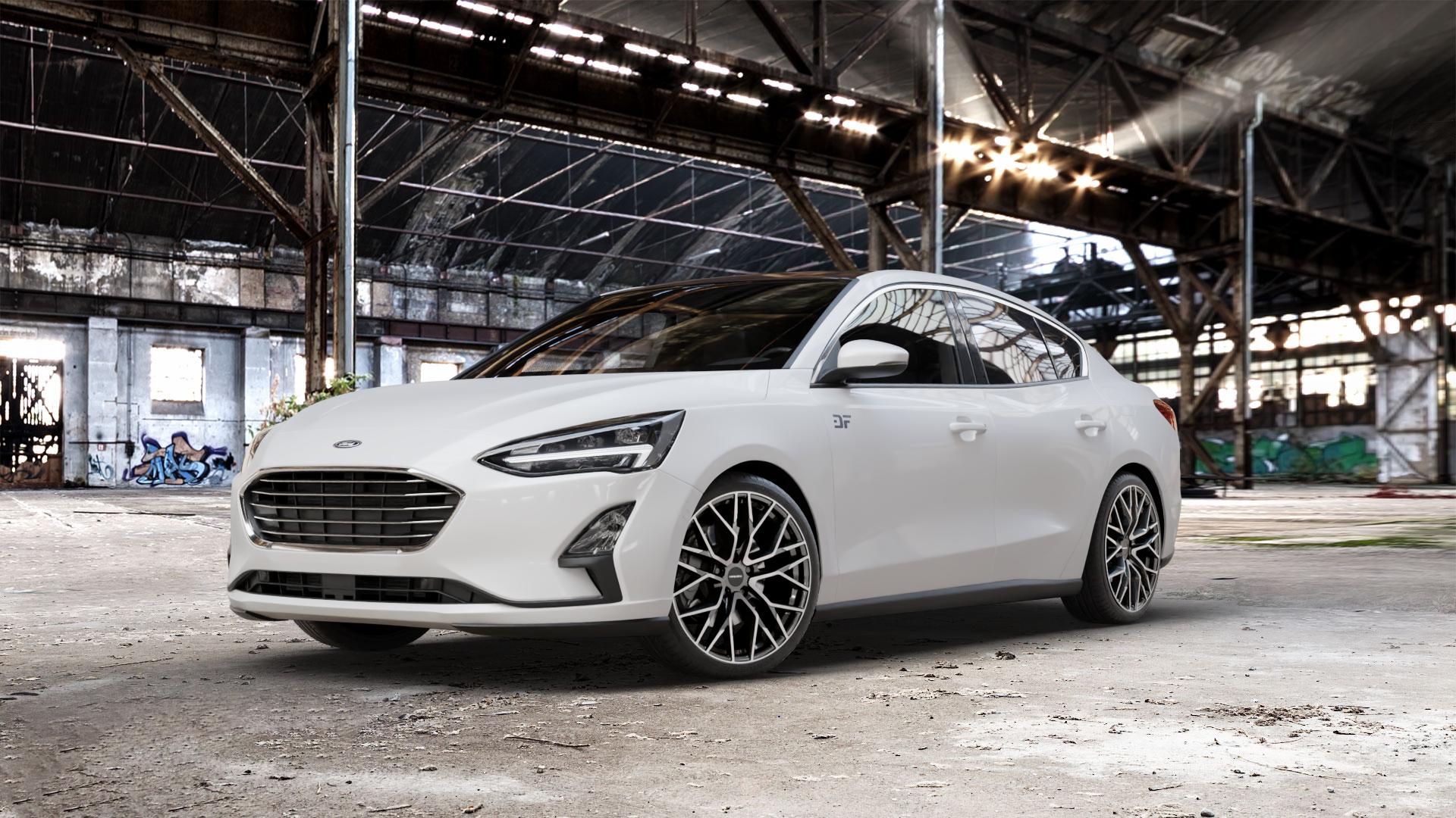 CARMANI 20 Ludwig hyper gun polish Felge mit Reifen silber anthrazit in 19Zoll Winterfelge Alufelge auf weissem Ford Focus IV Typ DEH (Stufenheck) ⬇️ mit 15mm Tieferlegung ⬇️ Old Industrial Hall_max_5300mm_2024 Frontansicht_1