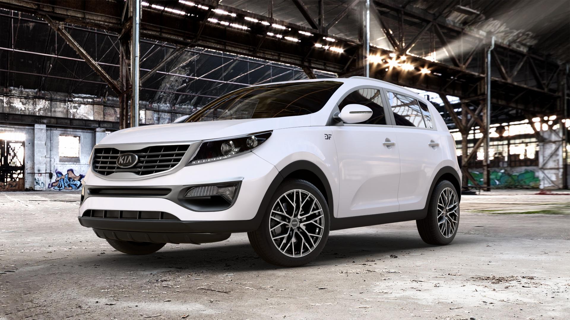 CARMANI 20 Ludwig hyper gun polish Felge mit Reifen silber anthrazit in 19Zoll Winterfelge Alufelge auf weissem Kia Sportage III Typ SL SLS Facelift ⬇️ mit 15mm Tieferlegung ⬇️ Old Industrial Hall_max_5300mm_2024 Frontansicht_1
