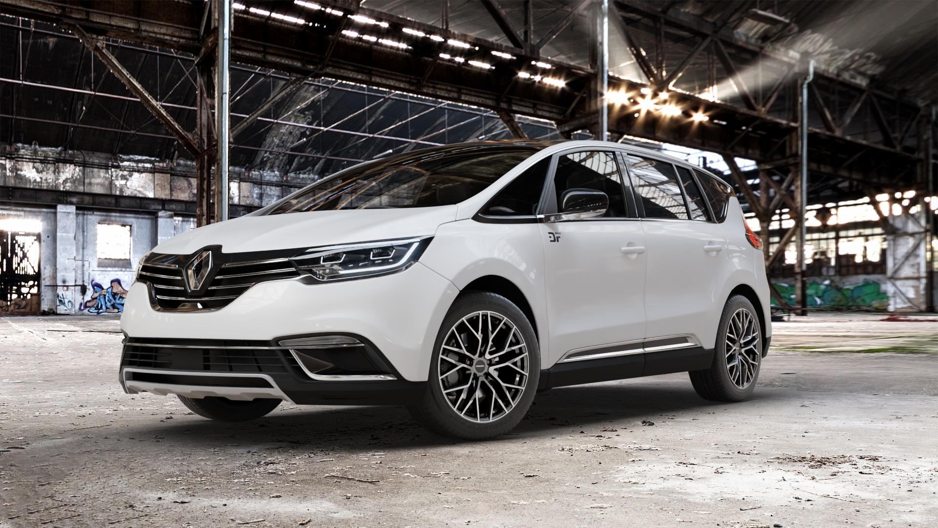 CARMANI 20 Ludwig hyper gun polish Felge mit Reifen silber anthrazit in 19Zoll Winterfelge Alufelge auf weissem Renault Espace V Typ RFC Facelift ⬇️ mit 15mm Tieferlegung ⬇️ Old Industrial Hall_max_5300mm_2024 Frontansicht_1
