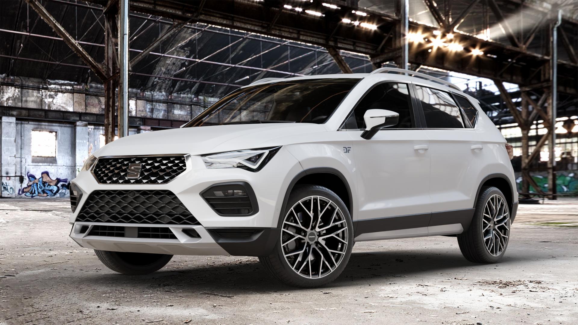 CARMANI 20 Ludwig hyper gun polish Felge mit Reifen silber anthrazit in 19Zoll Winterfelge Alufelge auf weissem Seat Ateca Typ 5FP Facelift ⬇️ mit 15mm Tieferlegung ⬇️ Old Industrial Hall_max_4400mm_2024 Frontansicht_1