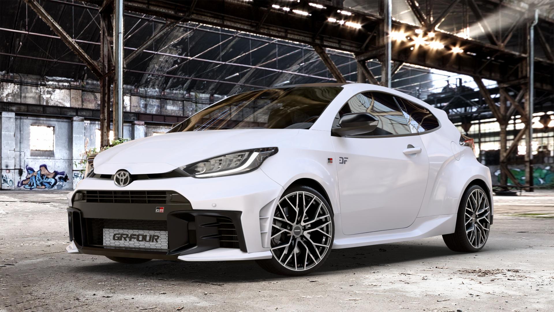 CARMANI 20 Ludwig hyper gun polish Felge mit Reifen silber anthrazit in 19Zoll Winterfelge Alufelge auf weissem Toyota Yaris IV GR Typ XPA1G(EU,M) Facelift ⬇️ mit 15mm Tieferlegung ⬇️ Old Industrial Hall_max_4400mm_2024 Frontansicht_1
