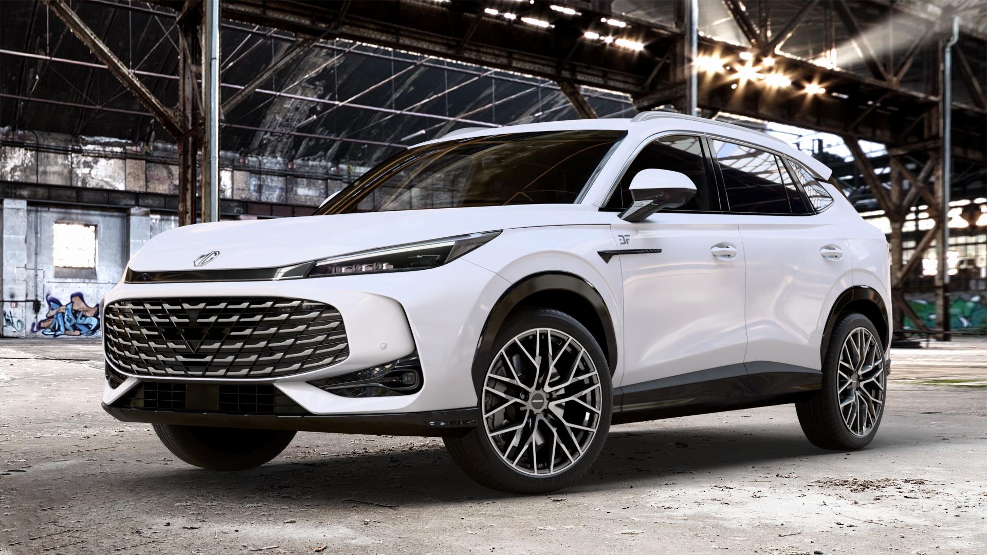 CARMANI 20 Ludwig hyper gun polish Felge mit Reifen silber anthrazit in 20Zoll Winterfelge Alufelge auf weissem MG HS Typ AS3A 1,5l T 125kW (170 PS) PHEV 105kW (143 ⬇️ mit 15mm Tieferlegung ⬇️ Old Industrial Hall_max_4400mm_2024 Frontansicht_1