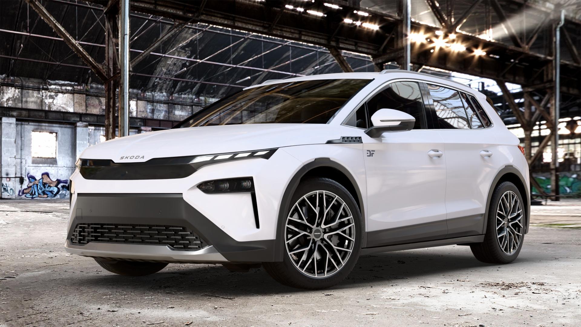 CARMANI 20 Ludwig hyper gun polish Felge mit Reifen silber anthrazit in 20Zoll Winterfelge Alufelge auf weissem Skoda Elroq Typ NY 0,0l 89kW 85 (121 PS) 70kW 60 (95 50 ⬇️ mit 15mm Tieferlegung ⬇️ Old Industrial Hall_max_4400mm_2024 Frontansicht_1