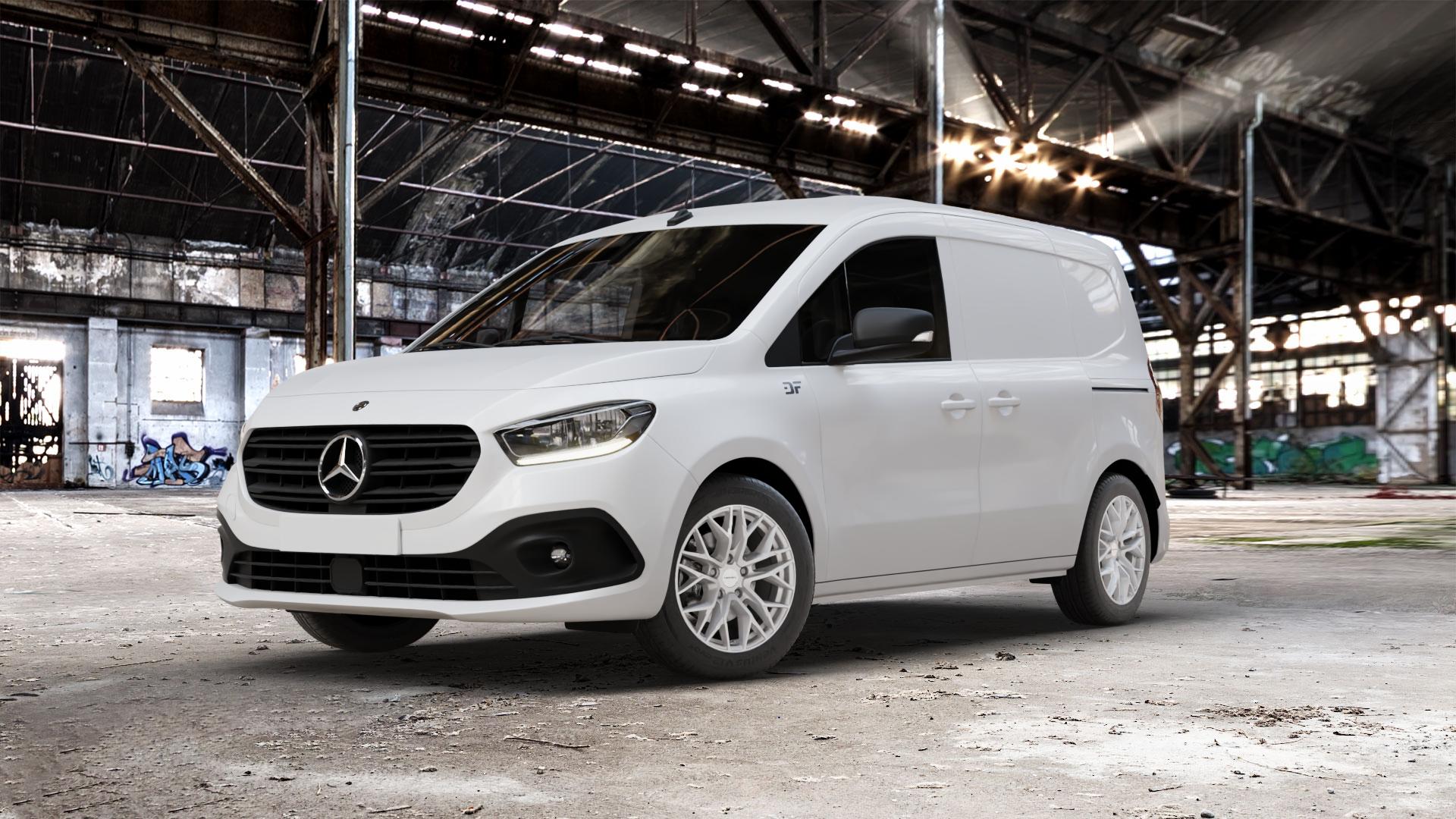CARMANI 20 Ludwig white silver Felge mit Reifen silber weiss in 16Zoll Winterfelge Alufelge auf weissem Mercedes Citan Kasten Typ W420 ⬇️ mit 15mm Tieferlegung ⬇️ Old Industrial Hall_max_5300mm_2024 Frontansicht_1