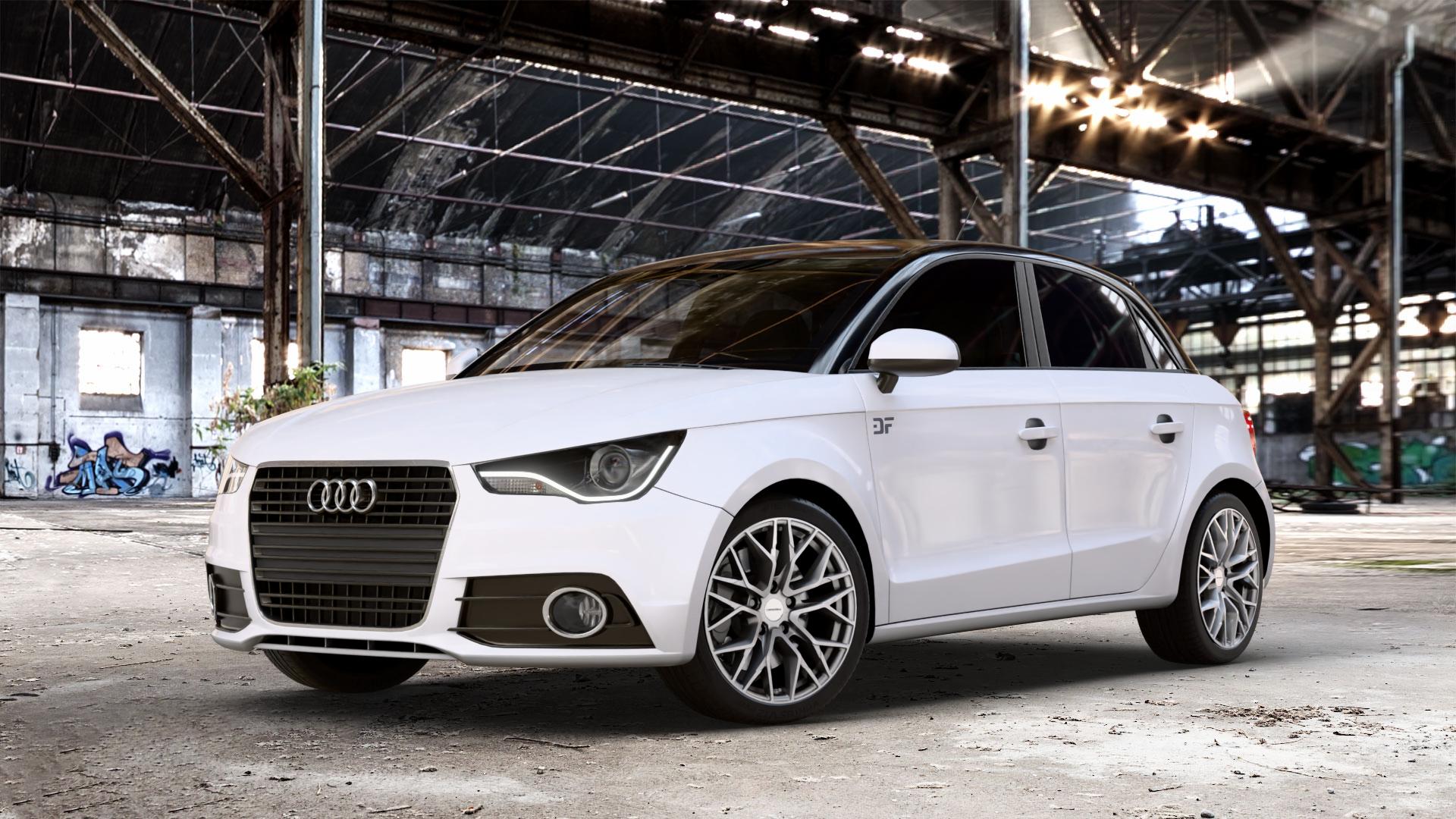 CARMANI 20 Ludwig white silver Felge mit Reifen silber weiss in 17Zoll Winterfelge Alufelge auf weissem Audi A1 Typ 8X (Sportback) Facelift ⬇️ mit 15mm Tieferlegung ⬇️ Old Industrial Hall_max_4400mm_2024 Frontansicht_1