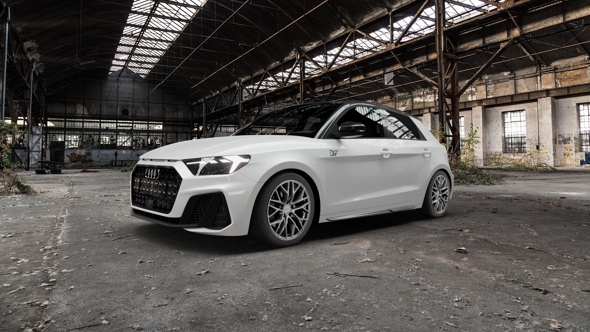 CARMANI 20 Ludwig white silver Felge mit Reifen silber weiss in 17Zoll Winterfelge Alufelge auf weissem Audi A1 Typ GB (Sportback) ⬇️ mit 15mm Tieferlegung ⬇️ Old Industrial Hall_max5000mm_2022 Frontansicht_1