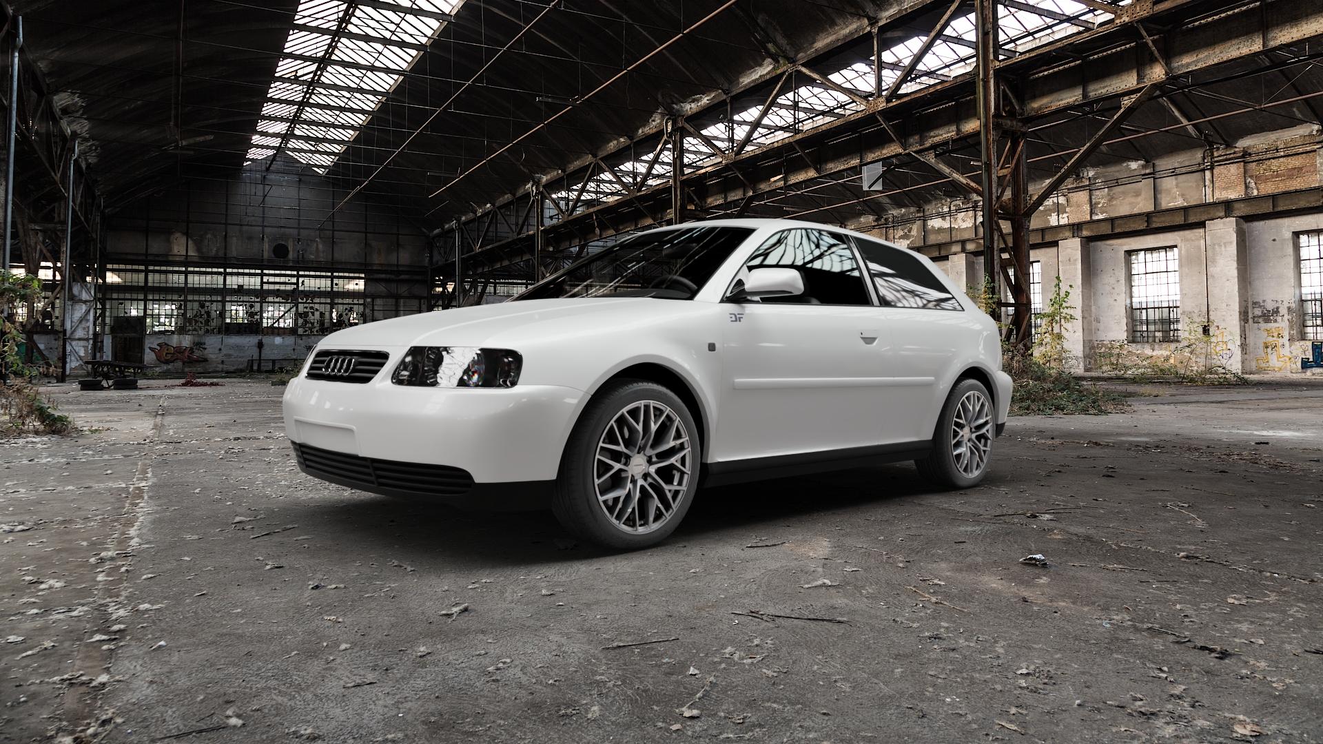 CARMANI 20 Ludwig white silver Felge mit Reifen silber weiss in 17Zoll Winterfelge Alufelge auf weissem Audi A3 Typ 8L ⬇️ mit 15mm Tieferlegung ⬇️ Old Industrial Hall_max5000mm_2022 Frontansicht_1
