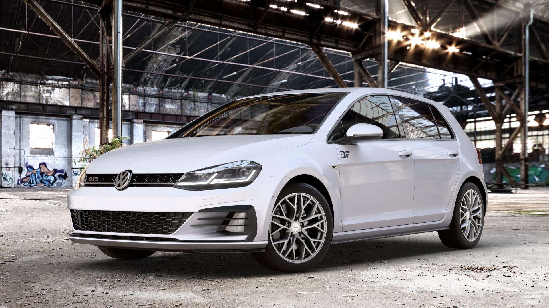 CARMANI 20 Ludwig white silver Felge mit Reifen silber weiss in 17Zoll Winterfelge Alufelge auf weissem Volkswagen (VW) Golf 7 2,0l GTD 135kW (184 PS) Facelift ⬇️ mit 15mm Tieferlegung ⬇️ Old Industrial Hall_max_4400mm_2024 Frontansicht_1