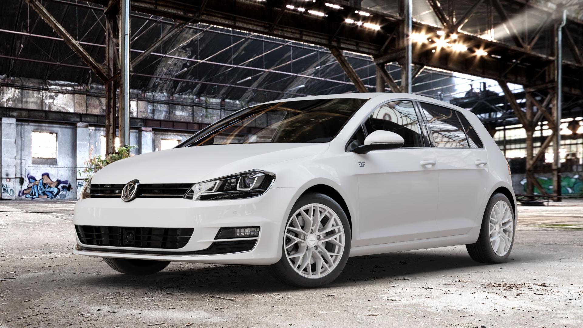 CARMANI 20 Ludwig white silver Felge mit Reifen silber weiss in 17Zoll Winterfelge Alufelge auf weissem Volkswagen (VW) Golf 7 ⬇️ mit 15mm Tieferlegung ⬇️ Old Industrial Hall_max_4400mm_2024 Frontansicht_1