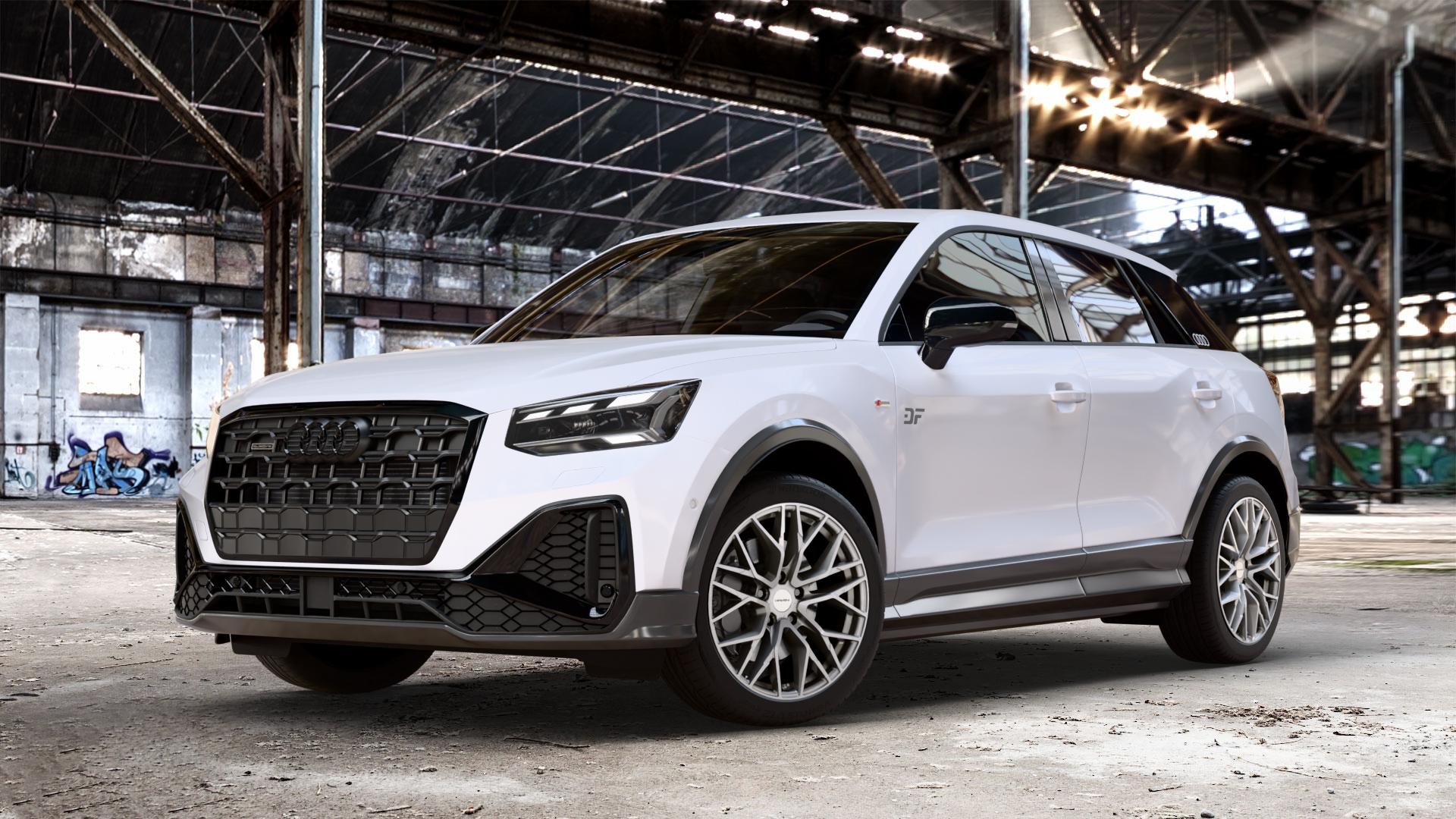 CARMANI 20 Ludwig white silver Felge mit Reifen silber weiss in 18Zoll Winterfelge Alufelge auf weißem Audi Q2 Typ GA Facelift ⬇️ mit 15mm Tieferlegung ⬇️ Old Industrial Hall_max_4400mm_2024 Frontansicht_1