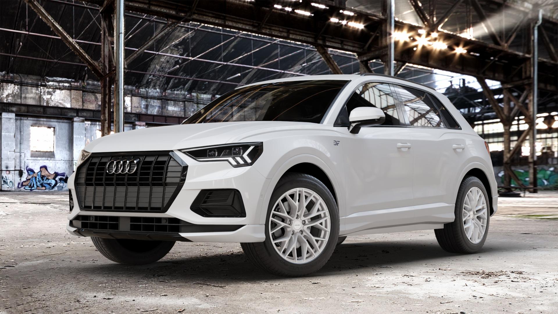CARMANI 20 Ludwig white silver Felge mit Reifen silber weiss in 18Zoll Winterfelge Alufelge auf weissem Audi Q3 II Typ F3 ⬇️ mit 15mm Tieferlegung ⬇️ Old Industrial Hall_max_4400mm_2024 Frontansicht_1