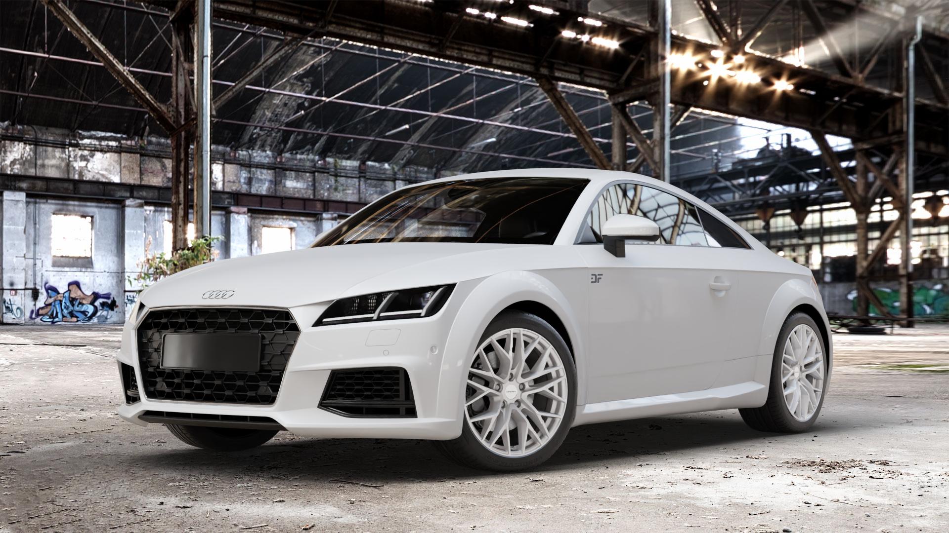 CARMANI 20 Ludwig white silver Felge mit Reifen silber weiss in 18Zoll Winterfelge Alufelge auf weissem Audi TT III Typ 8S Facelift (Coupé) (Roadster) ⬇️ mit 15mm Tieferlegung ⬇️ Old Industrial Hall_max_4400mm_2024 Frontansicht_1