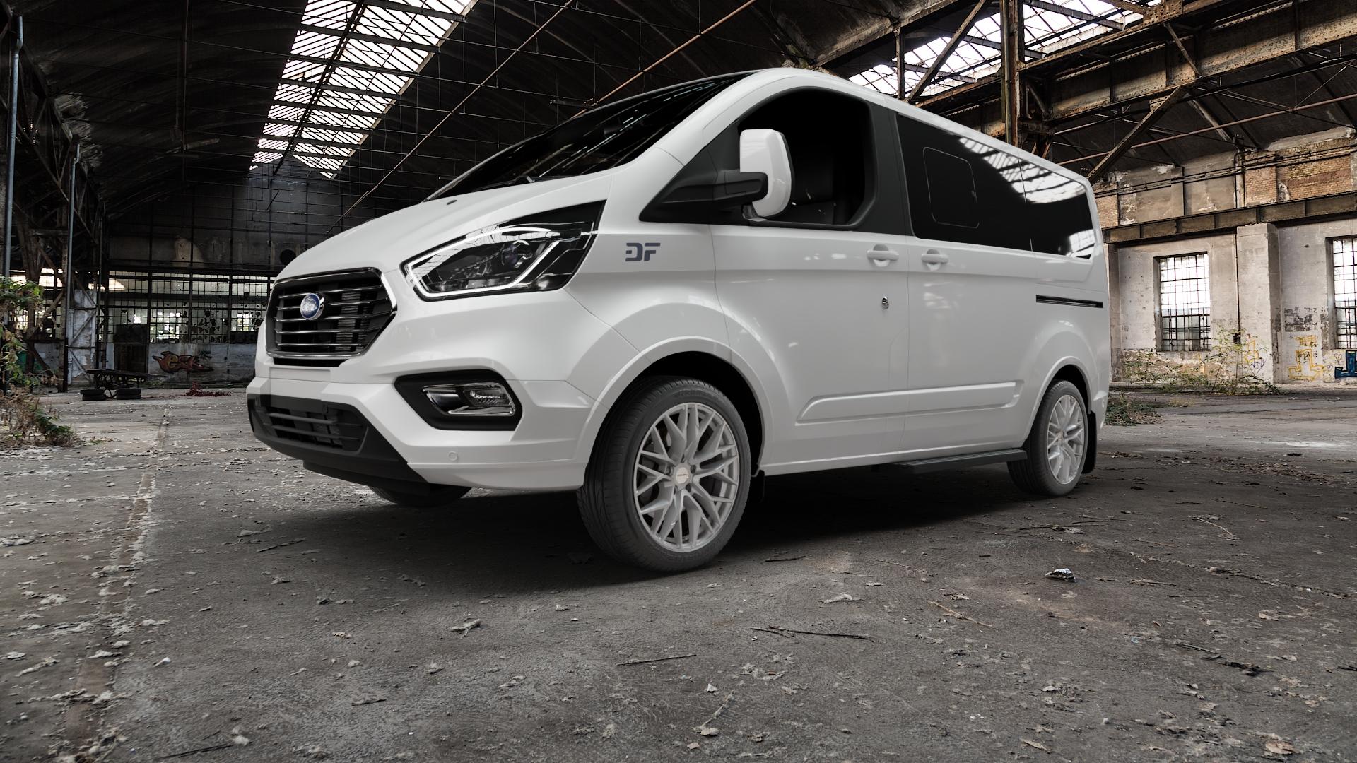 CARMANI 20 Ludwig white silver Felge mit Reifen silber weiss in 18Zoll Winterfelge Alufelge auf weissem Ford Tourneo Custom Typ FAC Facelift (19->) ⬇️ mit 15mm Tieferlegung ⬇️ Old Industrial Hall_max5000mm_2022 Frontansicht_1