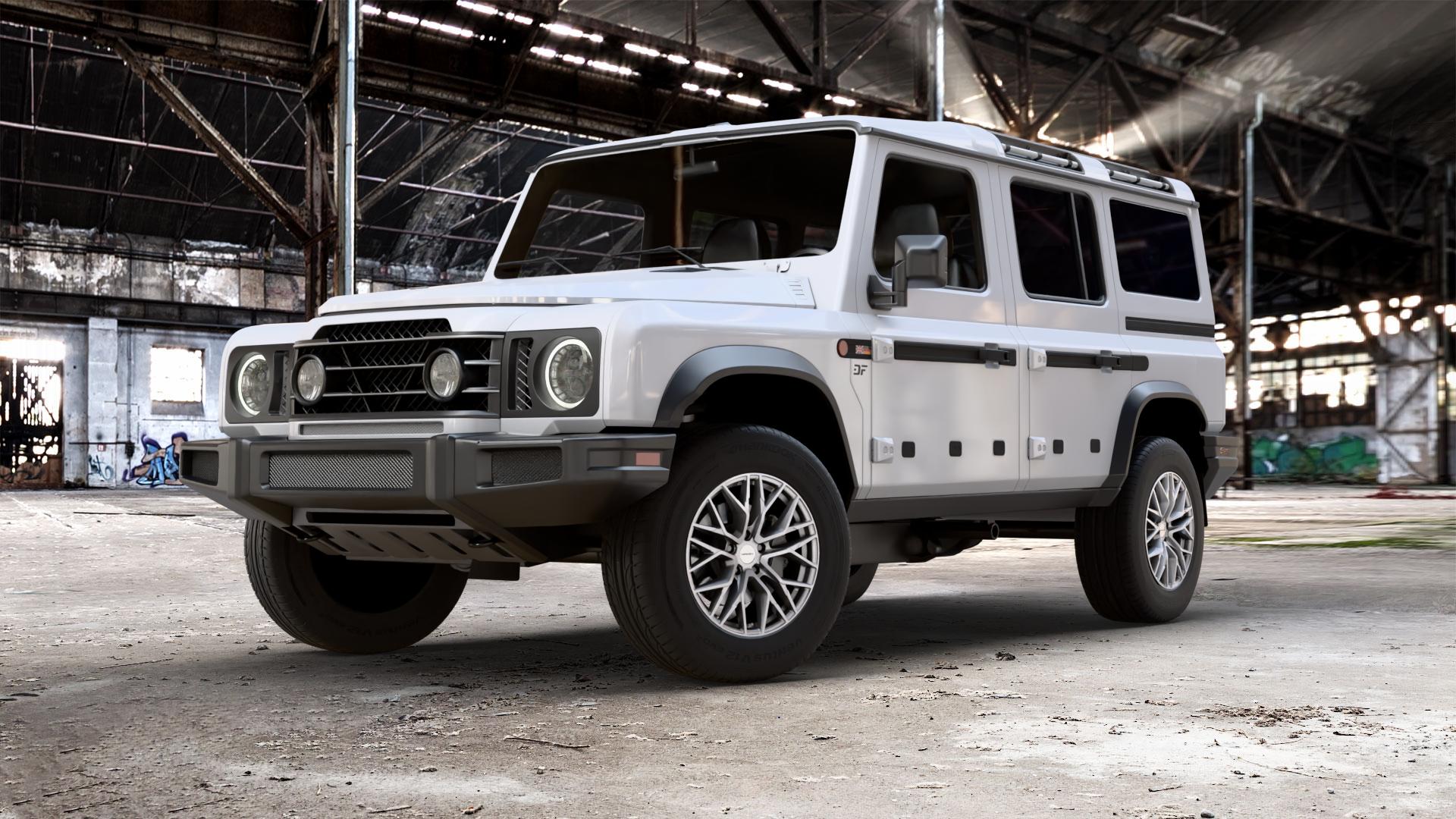 CARMANI 20 Ludwig white silver Felge mit Reifen silber weiss in 18Zoll Winterfelge Alufelge auf weissem Ineos Grenadier Typ GM 3,0l 210kW 4WD (286 PS) D 183kW (249 GN ⬇️ mit 15mm Tieferlegung ⬇️ Old Industrial Hall_max_5300mm_2024 Frontansicht_1