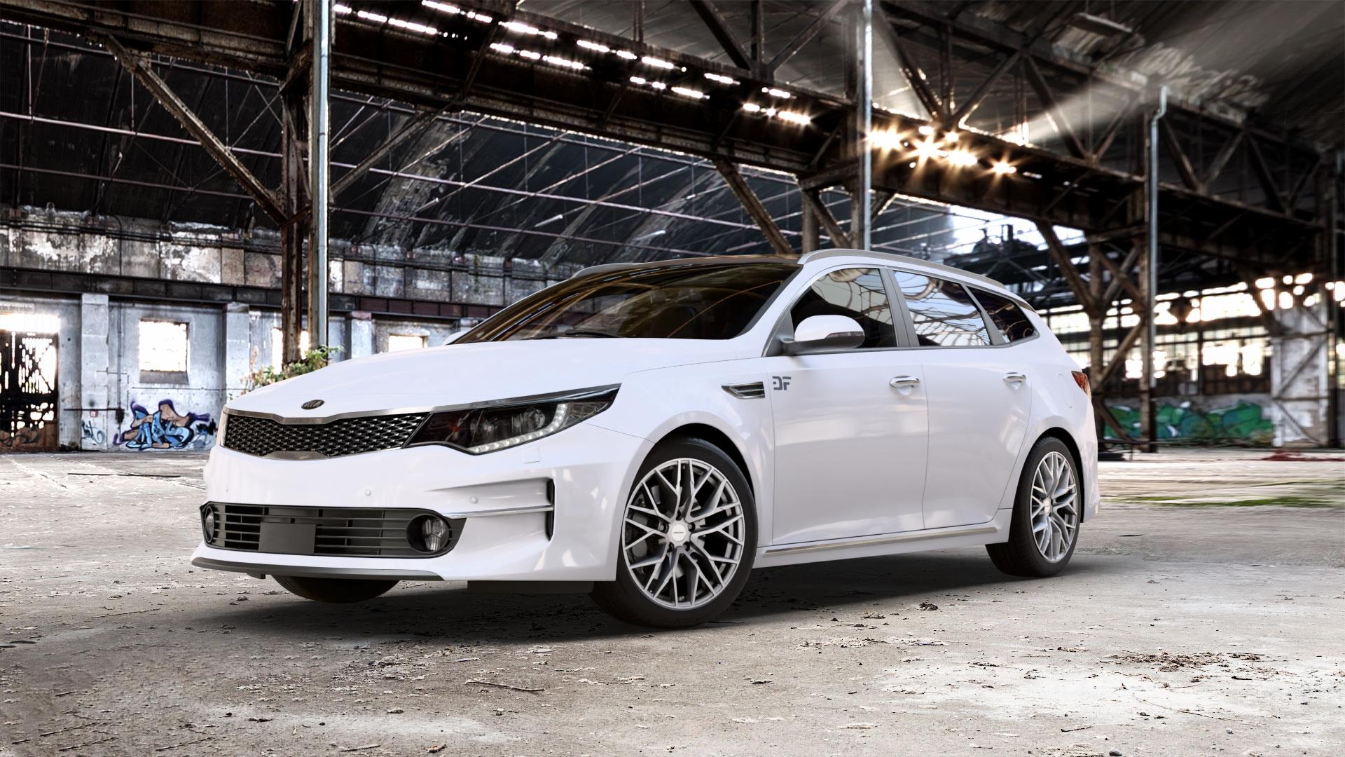 CARMANI 20 Ludwig white silver Felge mit Reifen silber weiss in 18Zoll Winterfelge Alufelge auf weissem Kia Optima SW Typ JF ⬇️ mit 15mm Tieferlegung ⬇️ Old Industrial Hall_max_5300mm_2024 Frontansicht_1