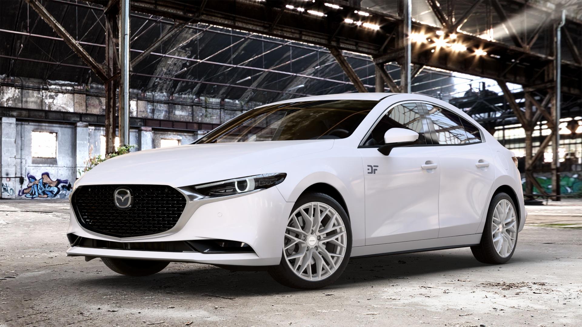 CARMANI 20 Ludwig white silver Felge mit Reifen silber weiss in 18Zoll Winterfelge Alufelge auf weissem Mazda 3 (19-) Limousine (BPE) (BP) ⬇️ mit 15mm Tieferlegung ⬇️ Old Industrial Hall_max_4400mm_2024 Frontansicht_1