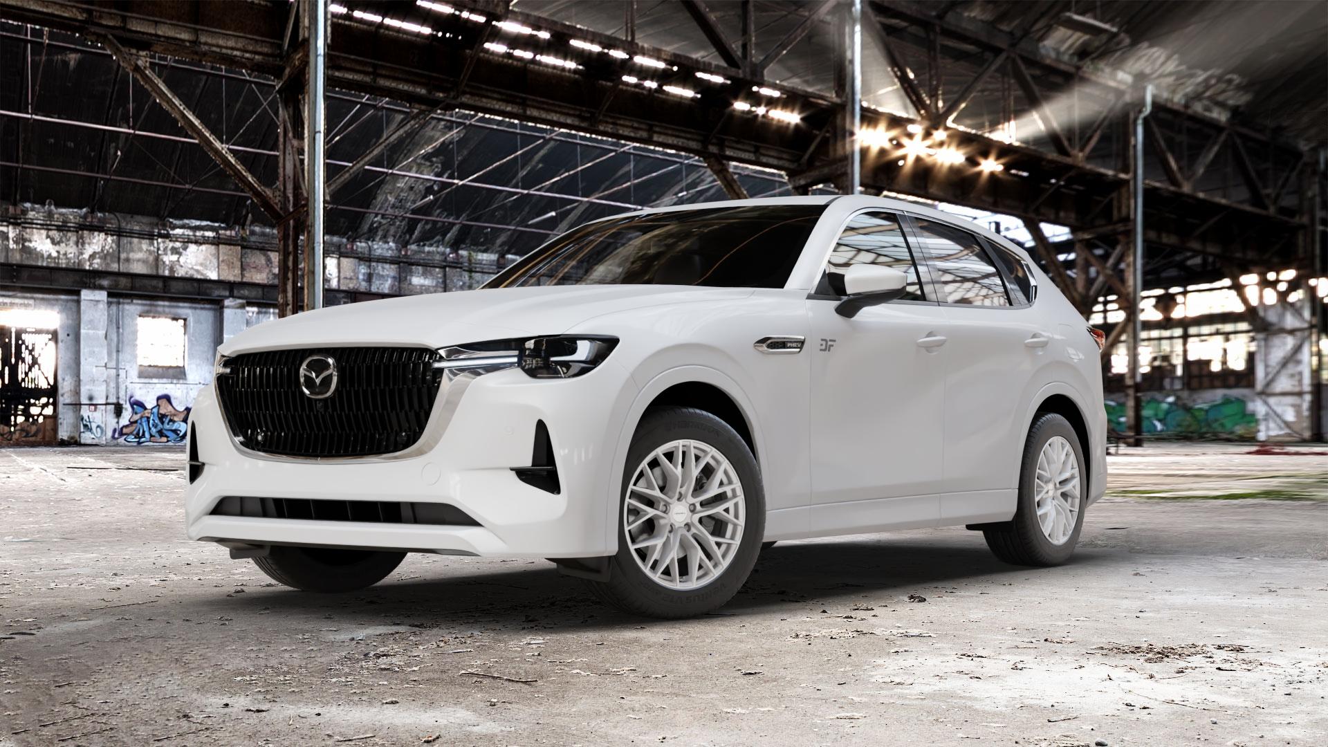 CARMANI 20 Ludwig white silver Felge mit Reifen silber weiss in 18Zoll Winterfelge Alufelge auf weissem Mazda CX-60 Typ KH01 CX ⬇️ mit 15mm Tieferlegung ⬇️ Old Industrial Hall_max_5300mm_2024 Frontansicht_1