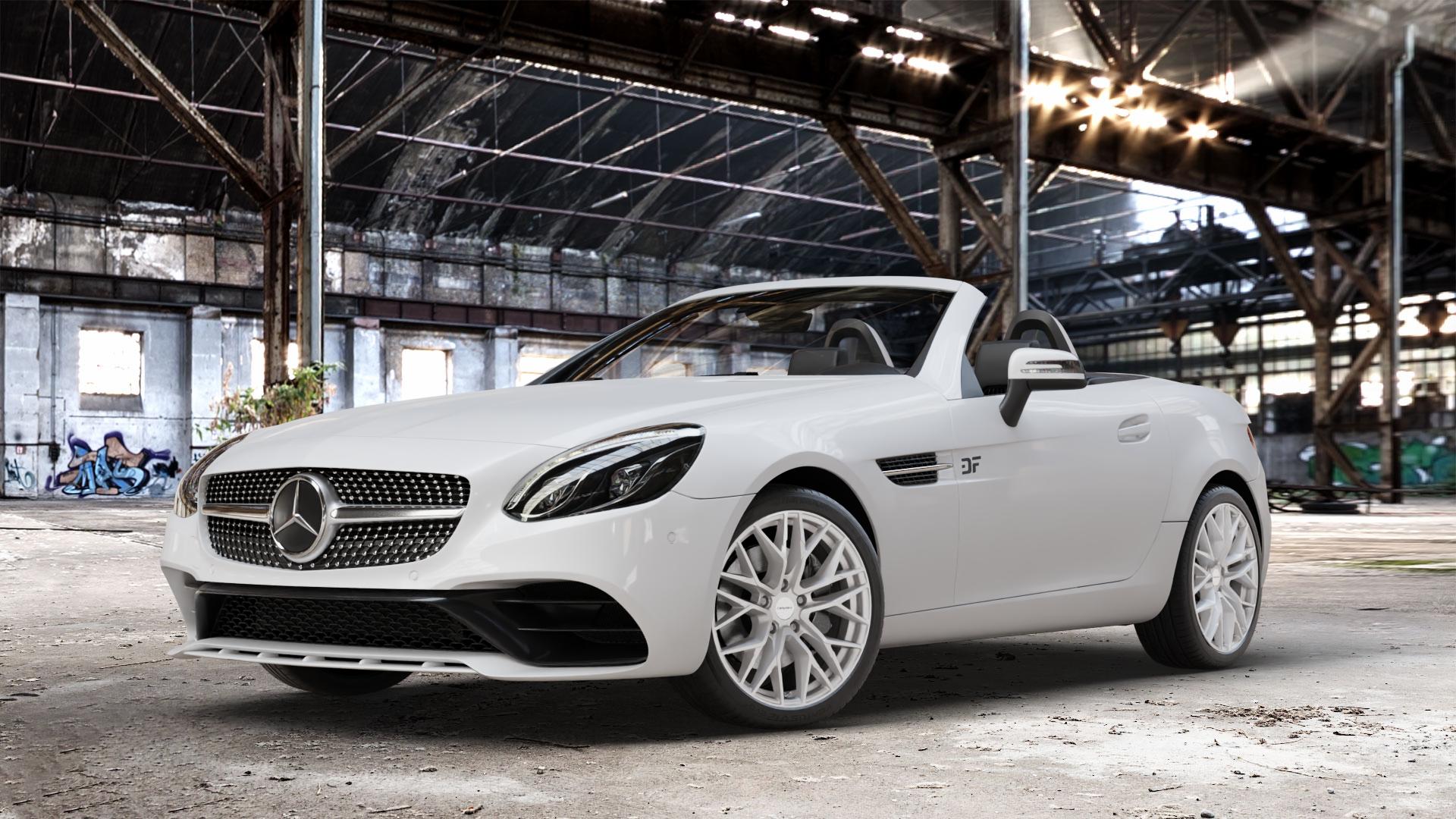 CARMANI 20 Ludwig white silver Felge mit Reifen silber weiss in 18Zoll Winterfelge Alufelge auf weissem Mercedes SLK Typ R172 ⬇️ mit 15mm Tieferlegung ⬇️ Old Industrial Hall_max_4400mm_2024 Frontansicht_1