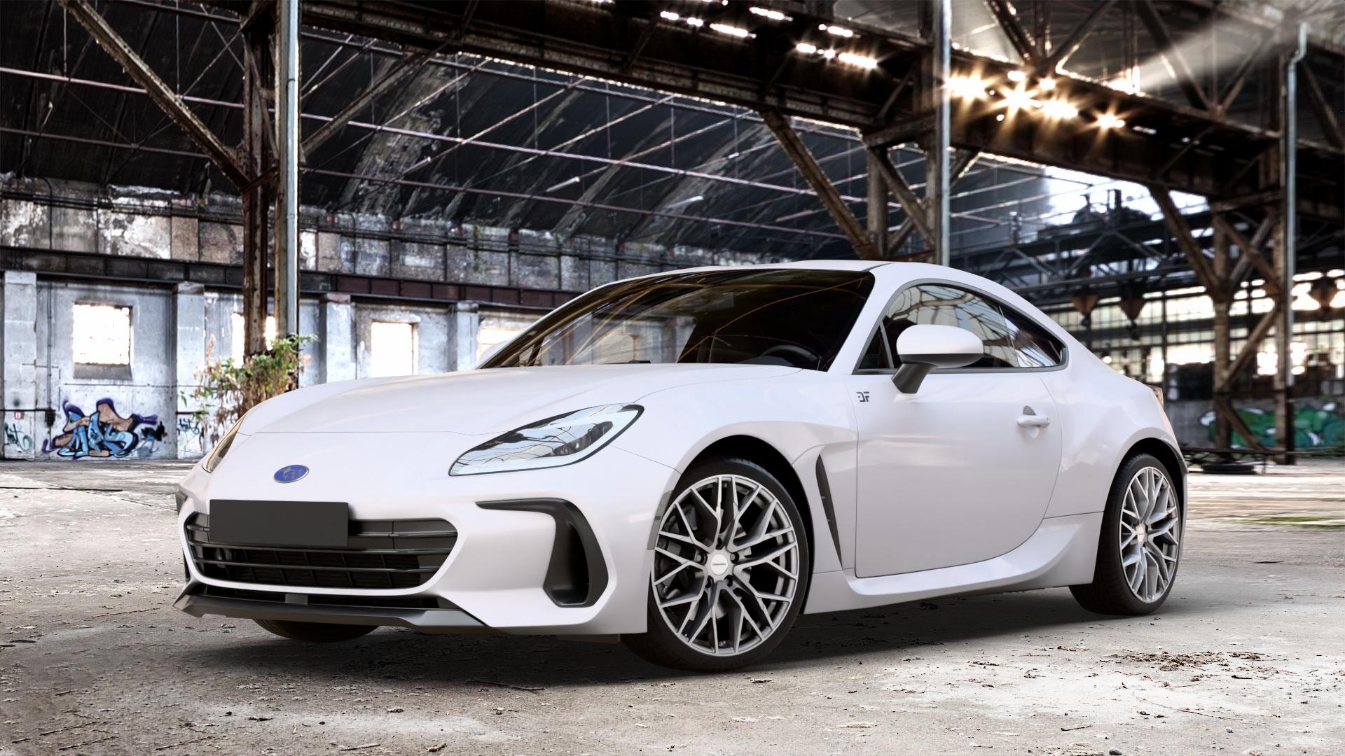 CARMANI 20 Ludwig white silver Felge mit Reifen silber weiss in 18Zoll Winterfelge Alufelge auf weissem Subaru BRZ Typ Z2 2,4l 172kW (234 PS) ⬇️ mit 15mm Tieferlegung ⬇️ Old Industrial Hall_max_4400mm_2024 Frontansicht_1