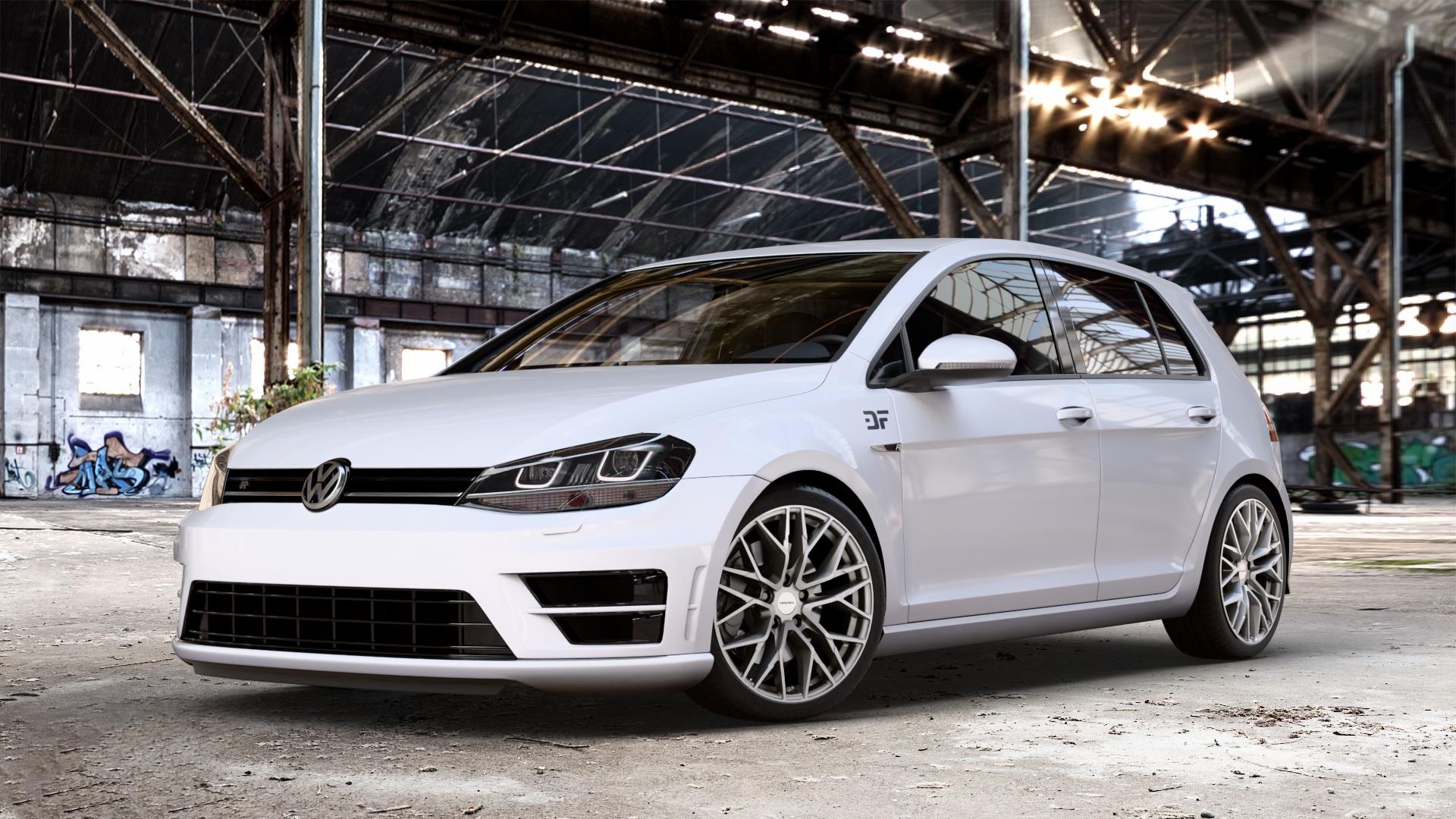 CARMANI 20 Ludwig white silver Felge mit Reifen silber weiss in 18Zoll Winterfelge Alufelge auf weissem Volkswagen (VW) Golf 7 2,0l R 4motion 221kW (300 PS) ⬇️ mit 15mm Tieferlegung ⬇️ Old Industrial Hall_max_4400mm_2024 Frontansicht_1