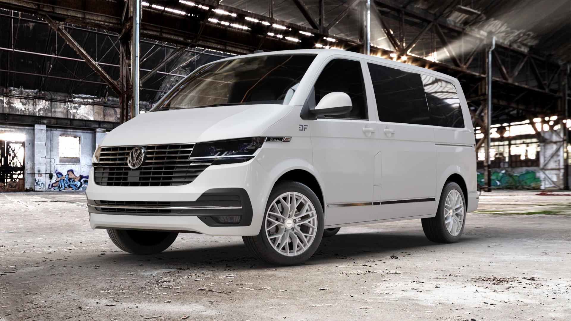 CARMANI 20 Ludwig white silver Felge mit Reifen silber weiss in 18Zoll Winterfelge Alufelge auf weissem Volkswagen (VW) T6.1 Kombi Multivan ⬇️ mit 15mm Tieferlegung ⬇️ Old Industrial Hall_max_5300mm_2024 Frontansicht_1