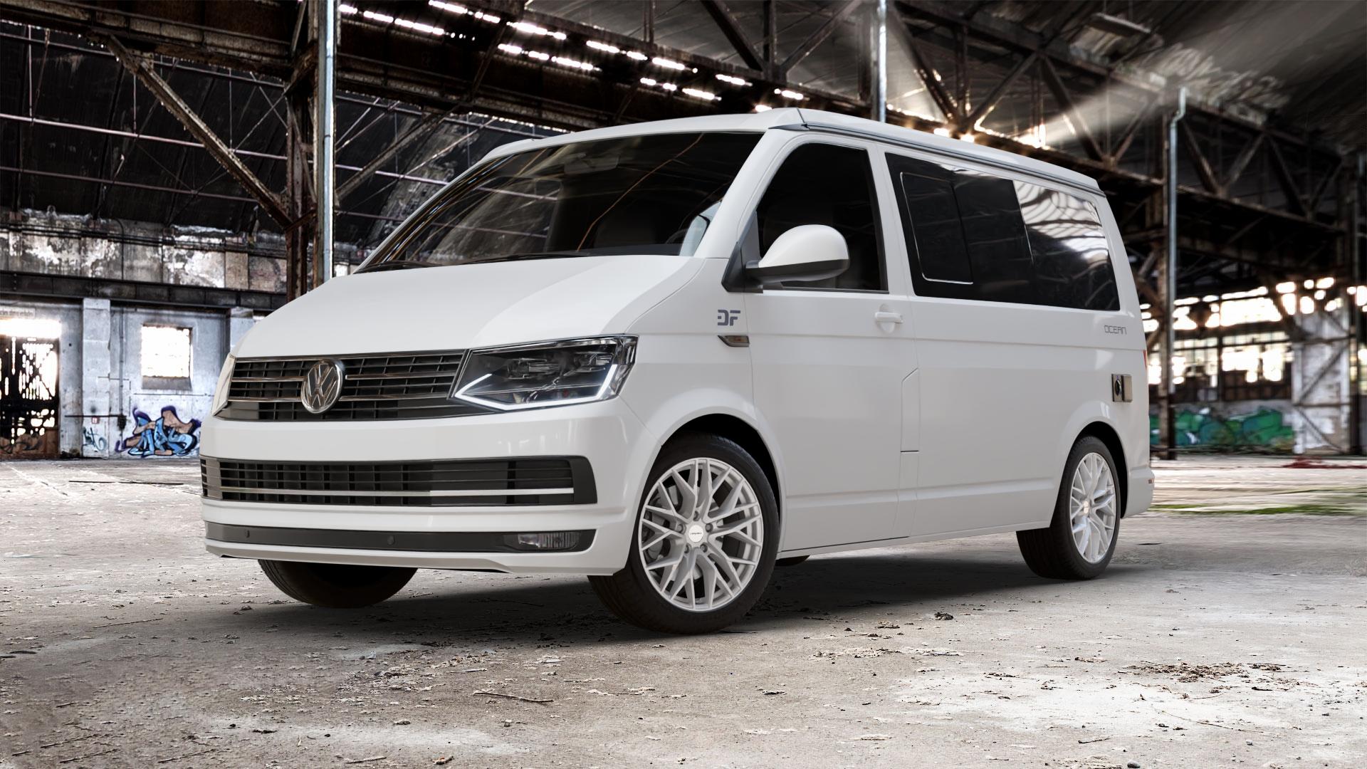 CARMANI 20 Ludwig white silver Felge mit Reifen silber weiss in 18Zoll Winterfelge Alufelge auf weissem Volkswagen (VW) T6 California Beach ⬇️ mit 15mm Tieferlegung ⬇️ Old Industrial Hall_max_5300mm_2024 Frontansicht_1