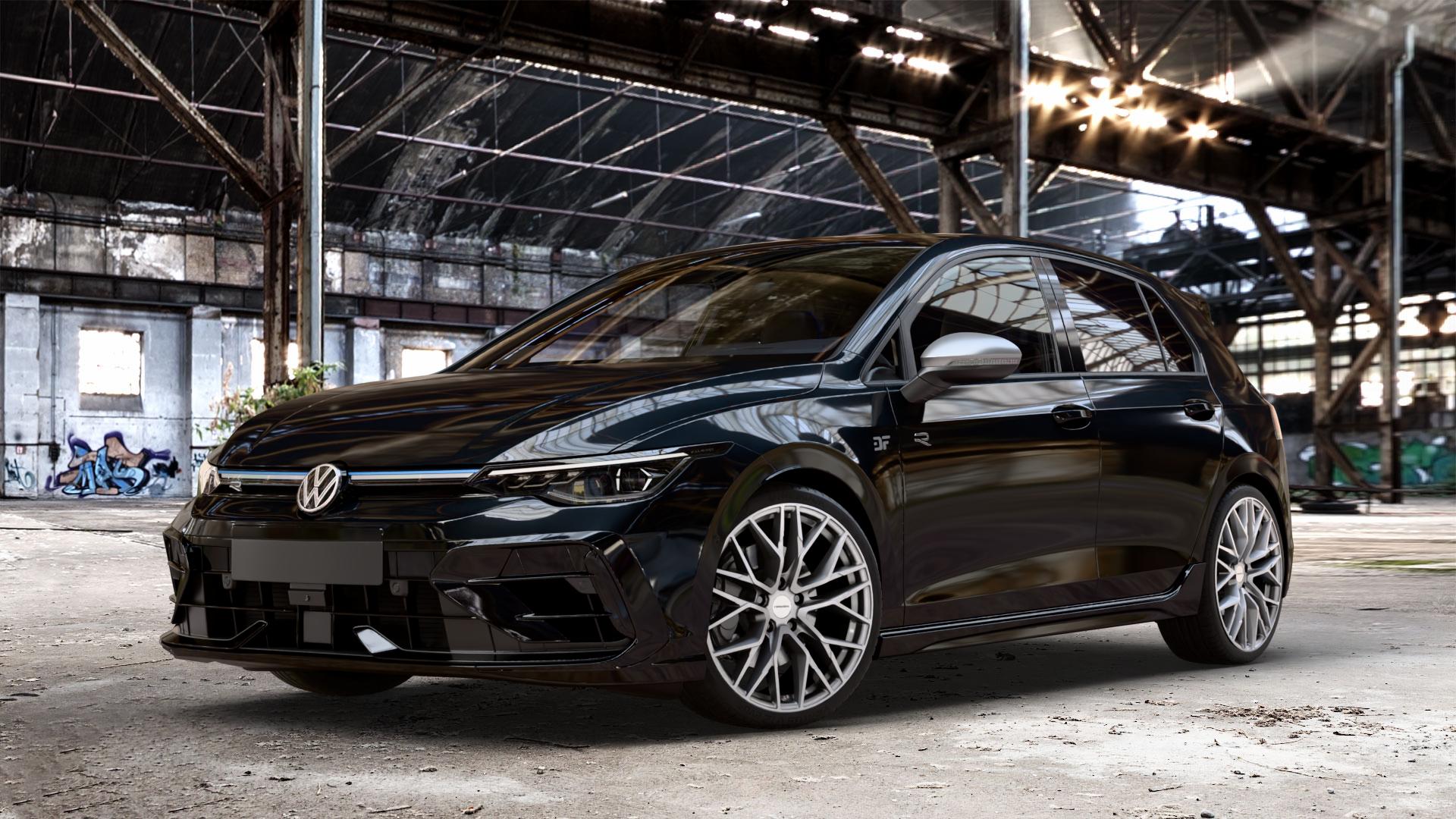 CARMANI 20 Ludwig white silver Felge mit Reifen silber weiss in 19Zoll Winterfelge Alufelge auf metallic schwarzem Volkswagen (VW) Golf 8 Facelift 2,0l R 4Motion 245kW (333 PS) ⬇️ mit 15mm Tieferlegung ⬇️ Old Industrial Hall_max_4400mm_2024 Frontansicht_1