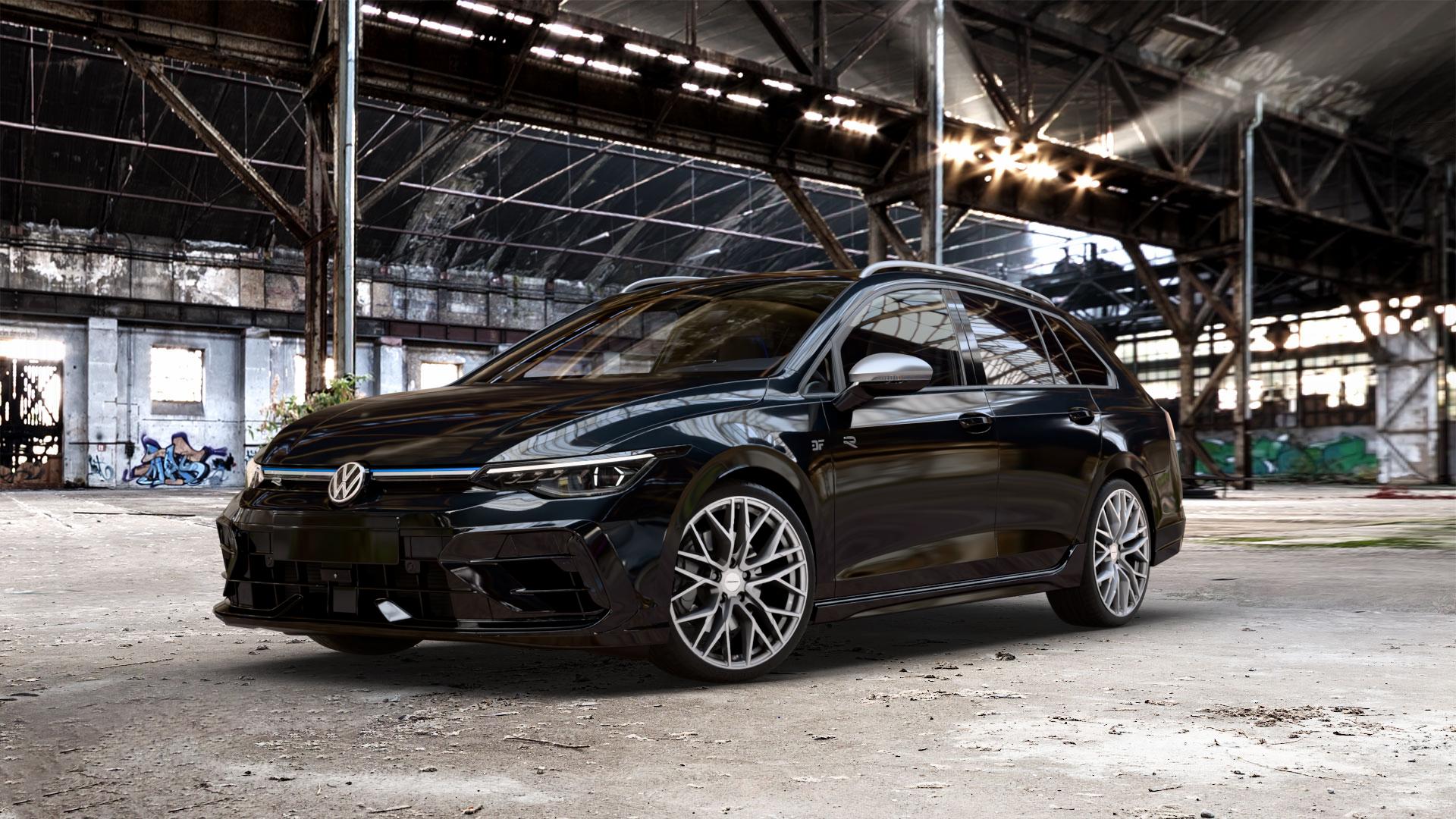 CARMANI 20 Ludwig white silver Felge mit Reifen silber weiss in 19Zoll Winterfelge Alufelge auf schwarzem Volkswagen (VW) Golf 8 Variant Facelift 2,0l R 4Motion 245kW (333 PS) ⬇️ mit 15mm Tieferlegung ⬇️ Old Industrial Hall_max_5300mm_2024 Frontansicht_1