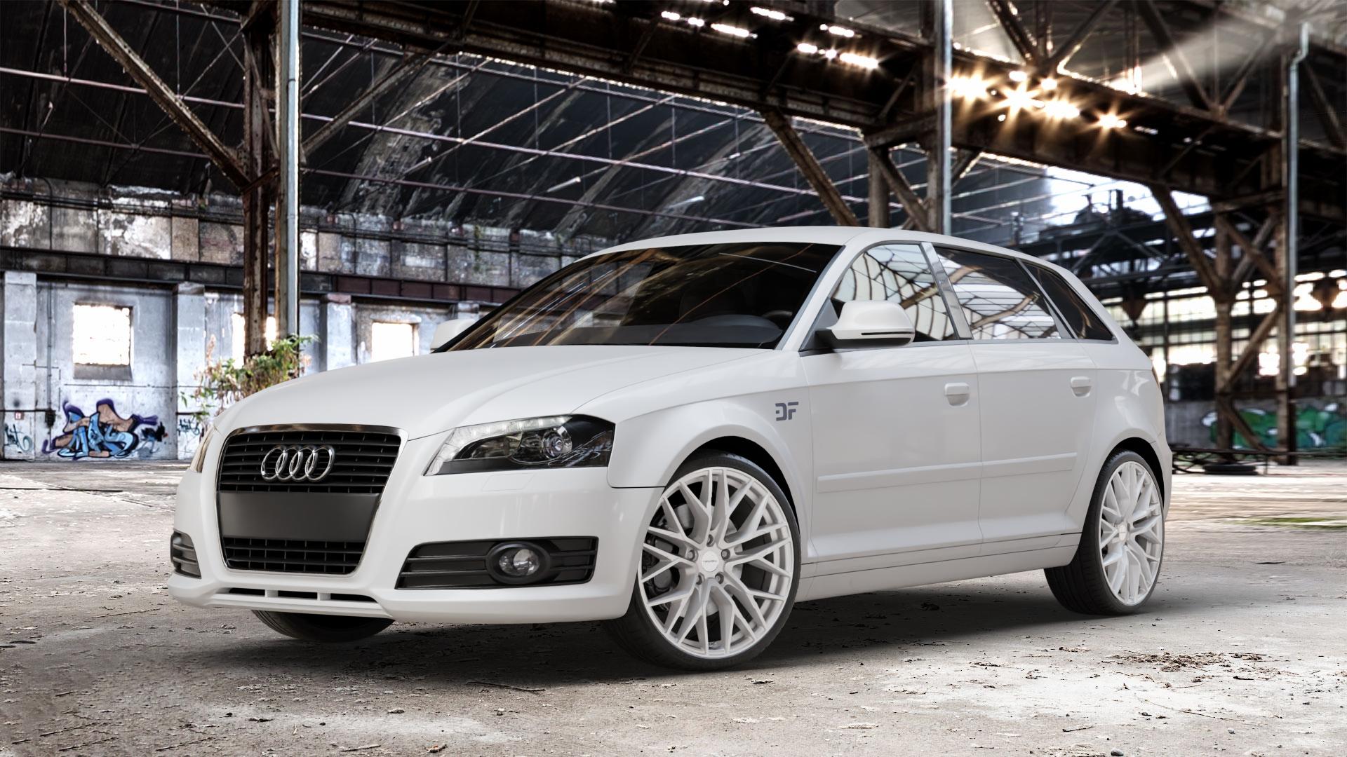 CARMANI 20 Ludwig white silver Felge mit Reifen silber weiss in 19Zoll Winterfelge Alufelge auf weissem Audi A3 Typ 8P (Sportback) 1,6l 75kW (102 PS) 2,0l FSI 110kW (150 1,9l TDI 77kW (105 103kW (140 TFSI 147kW (200 85kW (116 100kW (136 1,8l 118kW (160 125kW (170 1 ⬇️ mit 15mm Tieferlegung ⬇️ Old Industrial Hall_max_4400mm_2024 Frontansicht_1