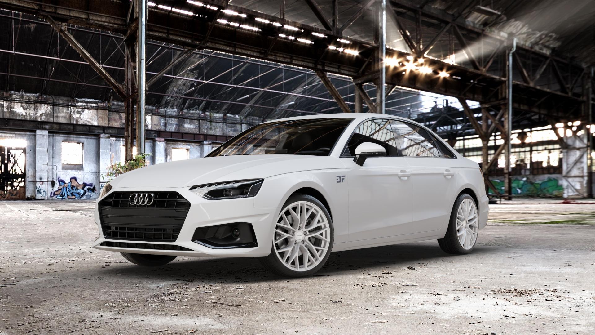 CARMANI 20 Ludwig white silver Felge mit Reifen silber weiss in 19Zoll Winterfelge Alufelge auf weissem Audi A4 Typ B9 (Limousine) Facelift ⬇️ mit 15mm Tieferlegung ⬇️ Old Industrial Hall_max_5300mm_2024 Frontansicht_1