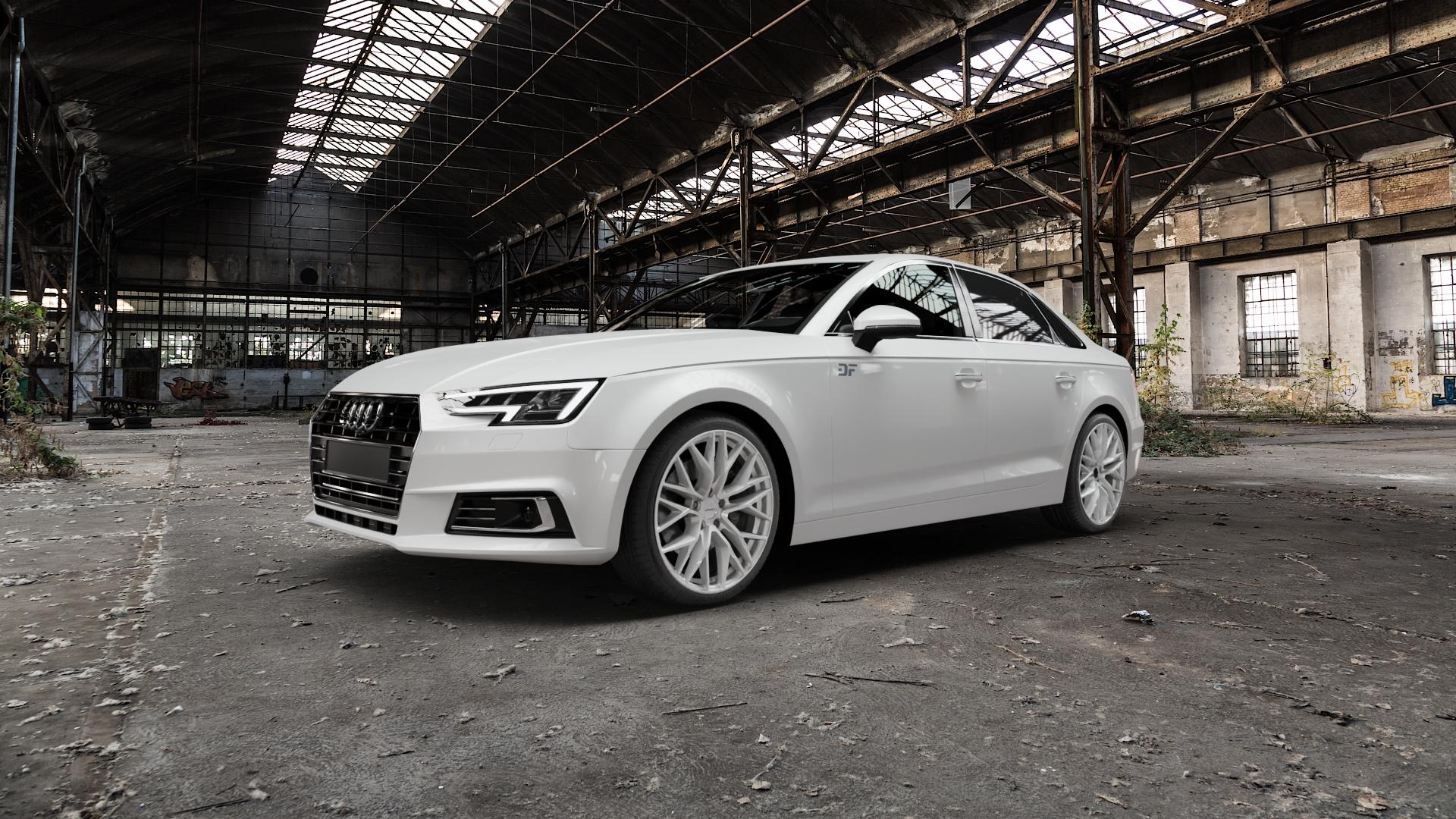 CARMANI 20 Ludwig white silver Felge mit Reifen silber weiss in 19Zoll Winterfelge Alufelge auf weissem Audi A4 Typ B9 (Limousine) ⬇️ mit 15mm Tieferlegung ⬇️ Old Industrial Hall_max5000mm_2022 Frontansicht_1