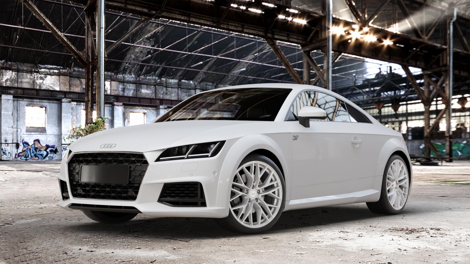 CARMANI 20 Ludwig white silver Felge mit Reifen silber weiss in 19Zoll Winterfelge Alufelge auf weissem Audi TT III Typ 8S Facelift (Coupé) (Roadster) ⬇️ mit 15mm Tieferlegung ⬇️ Old Industrial Hall_max_4400mm_2024 Frontansicht_1
