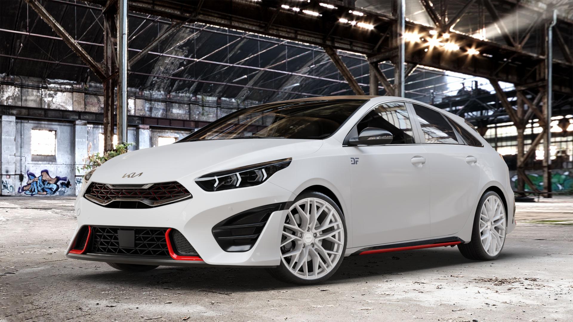 CARMANI 20 Ludwig white silver Felge mit Reifen silber weiss in 19Zoll Winterfelge Alufelge auf weissem Kia ProCeed Typ CD Facelift Pro Cee d ⬇️ mit 15mm Tieferlegung ⬇️ Old Industrial Hall_max_4400mm_2024 Frontansicht_1
