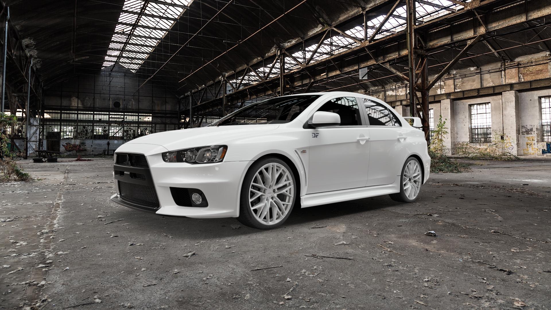 CARMANI 20 Ludwig white silver Felge mit Reifen silber weiss in 19Zoll Winterfelge Alufelge auf weissem Mitsubishi Lancer Evolution X Typ CZ0 ⬇️ mit 15mm Tieferlegung ⬇️ Old Industrial Hall_max5000mm_2022 Frontansicht_1