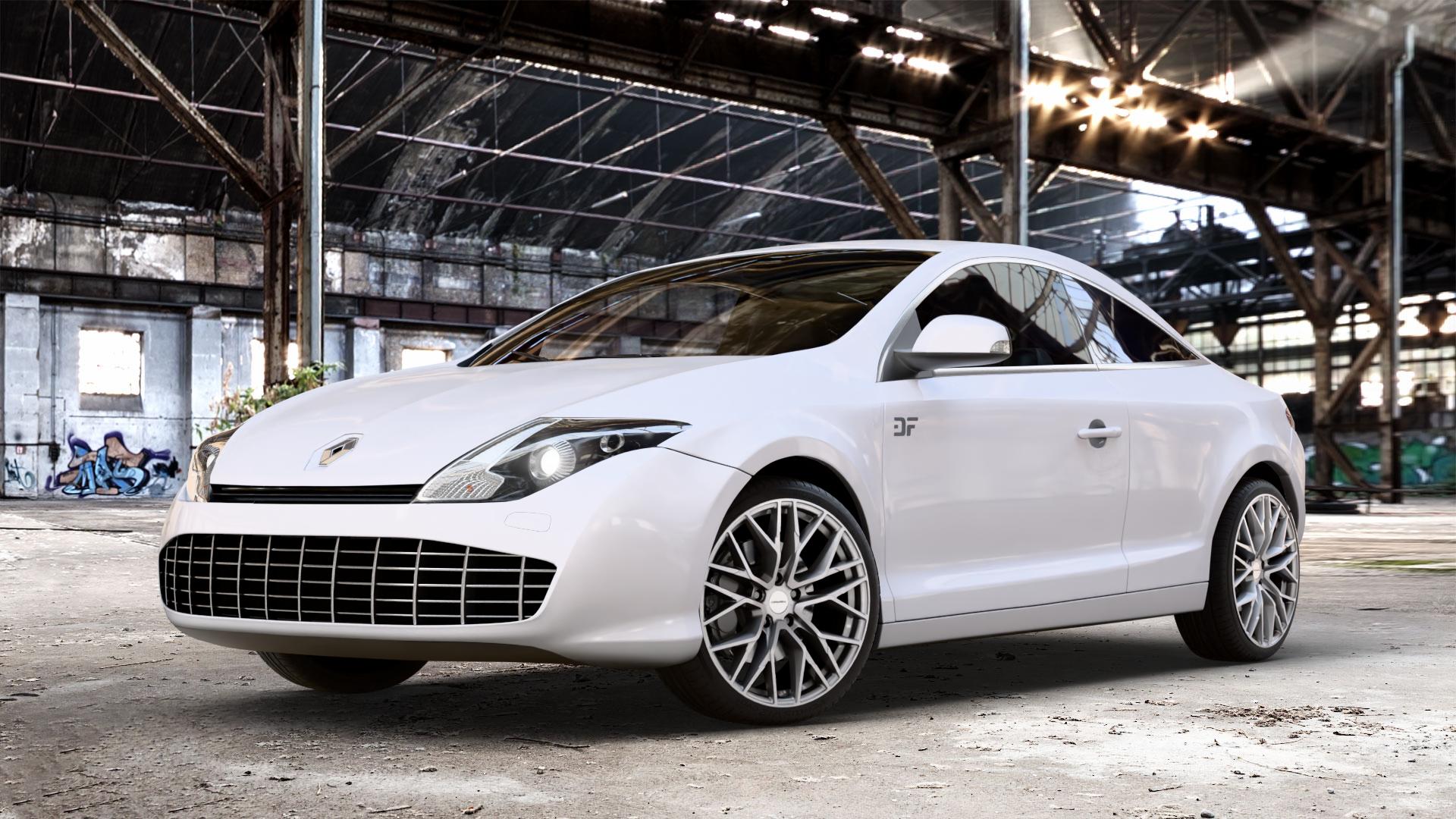 CARMANI 20 Ludwig white silver Felge mit Reifen silber weiss in 19Zoll Winterfelge Alufelge auf weissem Renault Laguna III Coupé Typ T ⬇️ mit 15mm Tieferlegung ⬇️ Old Industrial Hall_max_4400mm_2024 Frontansicht_1