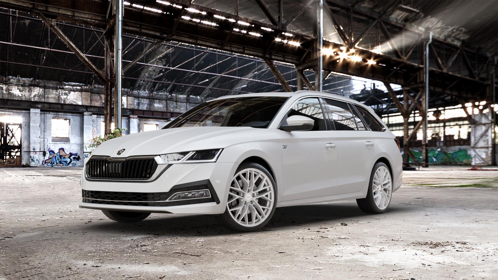 CARMANI 20 Ludwig white silver Felge mit Reifen silber weiss in 19Zoll Winterfelge Alufelge auf weissem Skoda Octavia IV Kombi Typ NX ⬇️ mit 15mm Tieferlegung ⬇️ Old Industrial Hall_max_5300mm_2024 Frontansicht_1