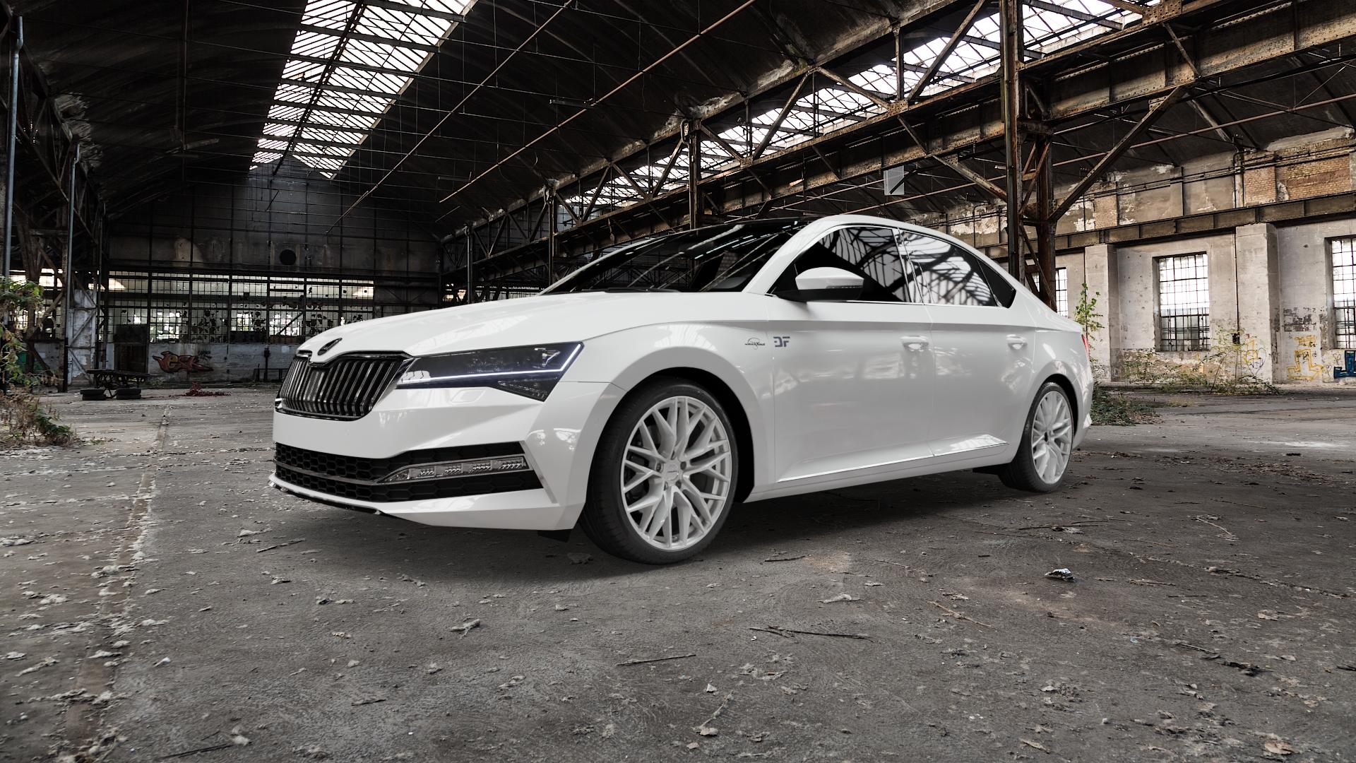 CARMANI 20 Ludwig white silver Felge mit Reifen silber weiss in 19Zoll Winterfelge Alufelge auf weissem Skoda Superb III Typ 3V Facelift ⬇️ mit 15mm Tieferlegung ⬇️ Old Industrial Hall_max5000mm_2022 Frontansicht_1